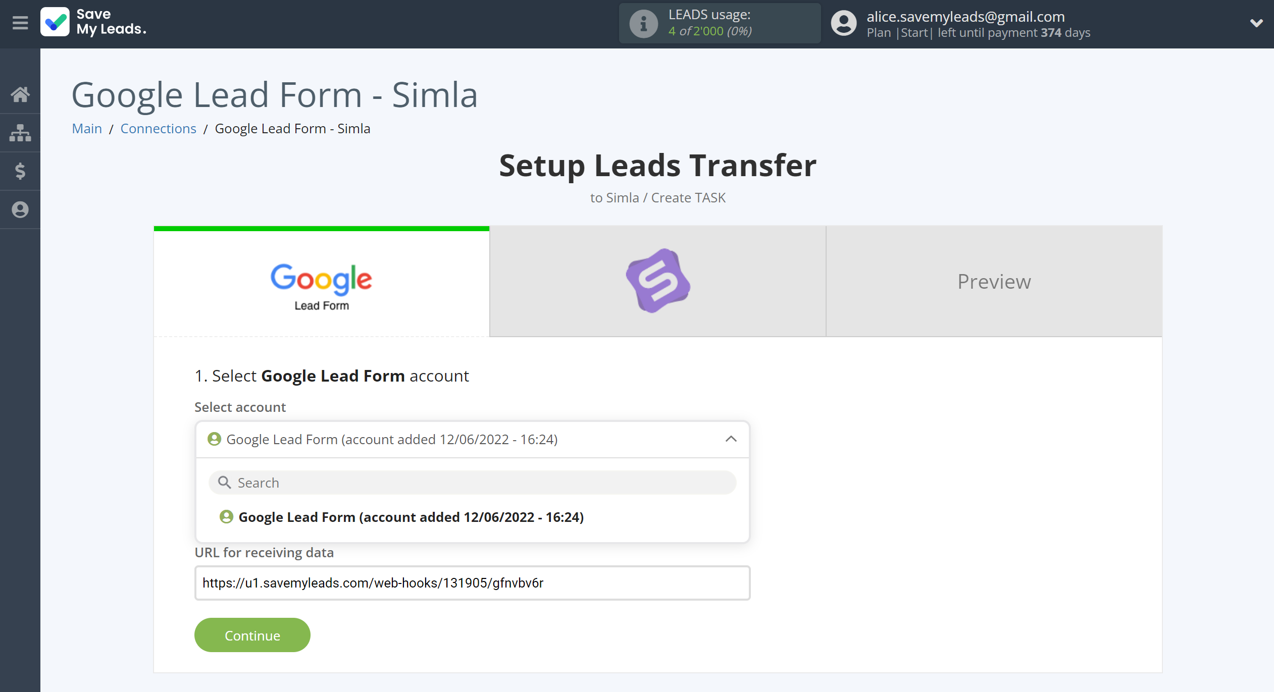 How to Connect Google Lead Form with Simla Create Task | Data Source account selection