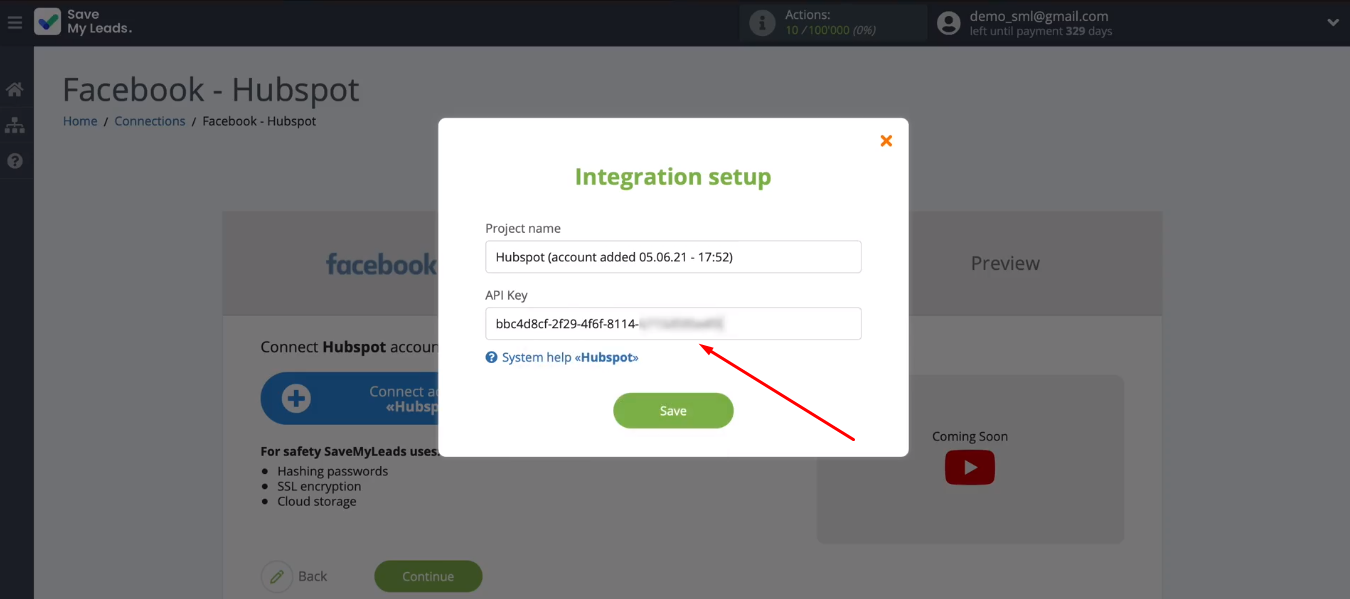 Facebook and HubSpot integration | Insert the API key and click “Save”