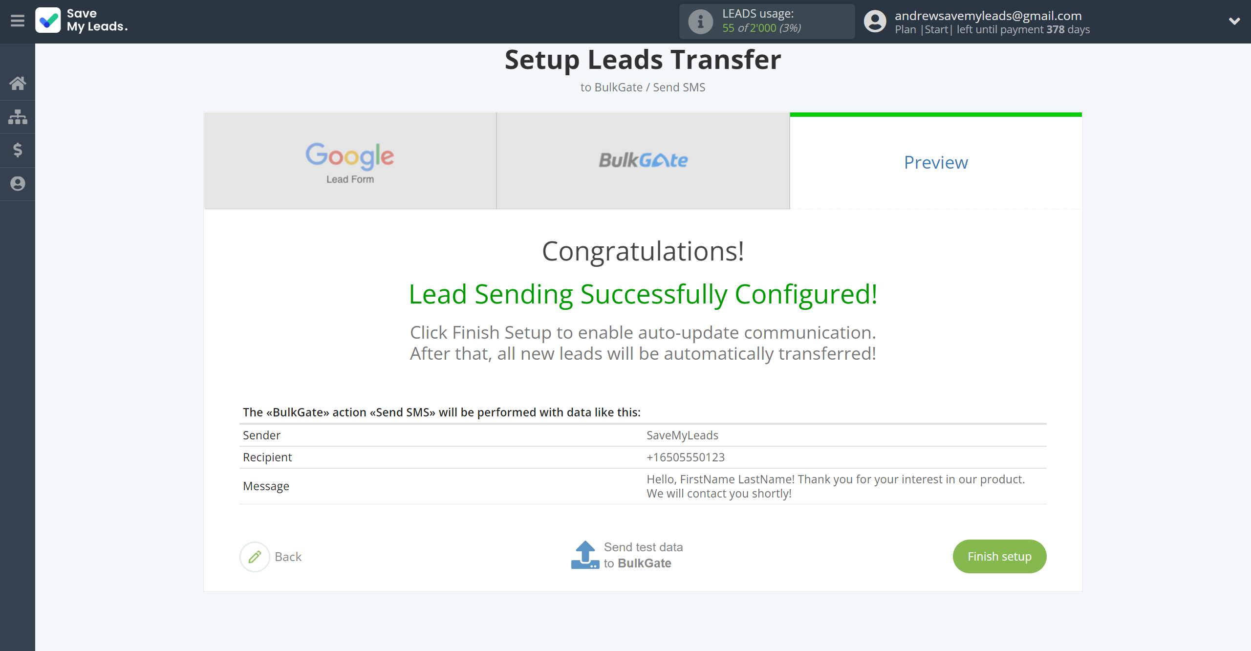 How to Connect Google Lead Form with BulkGate | Test data