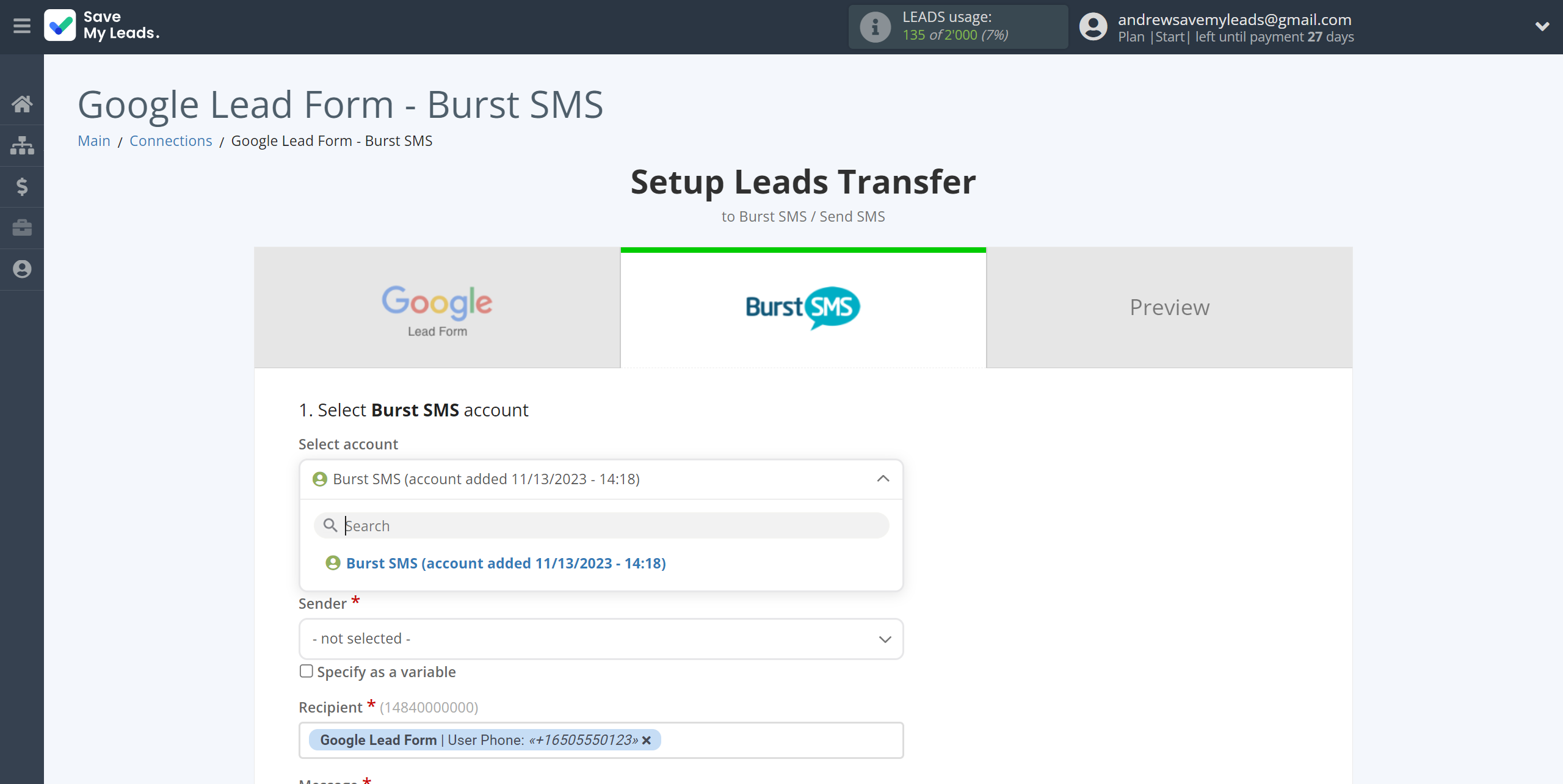 How to Connect Google Lead Form with Burst SMS | Data Destination account selection