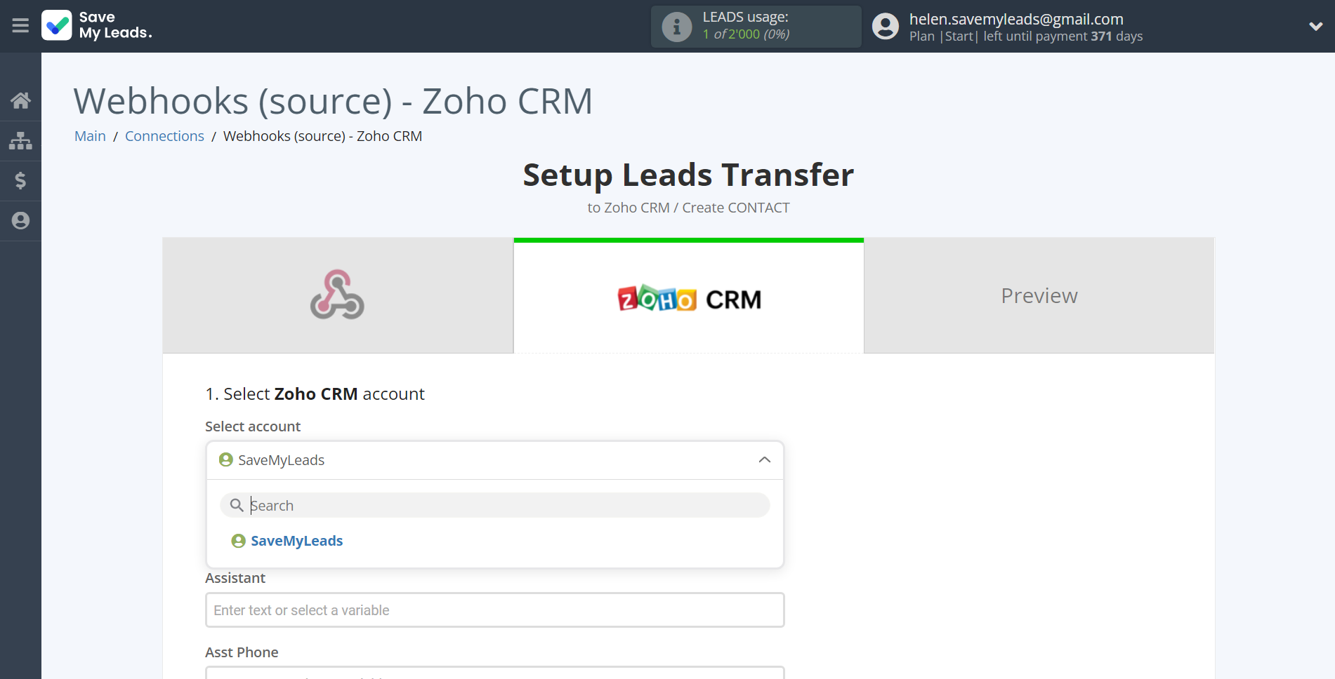 How to Connect Webhooks with Zoho CRM Create Contacts | Data Destination account selection