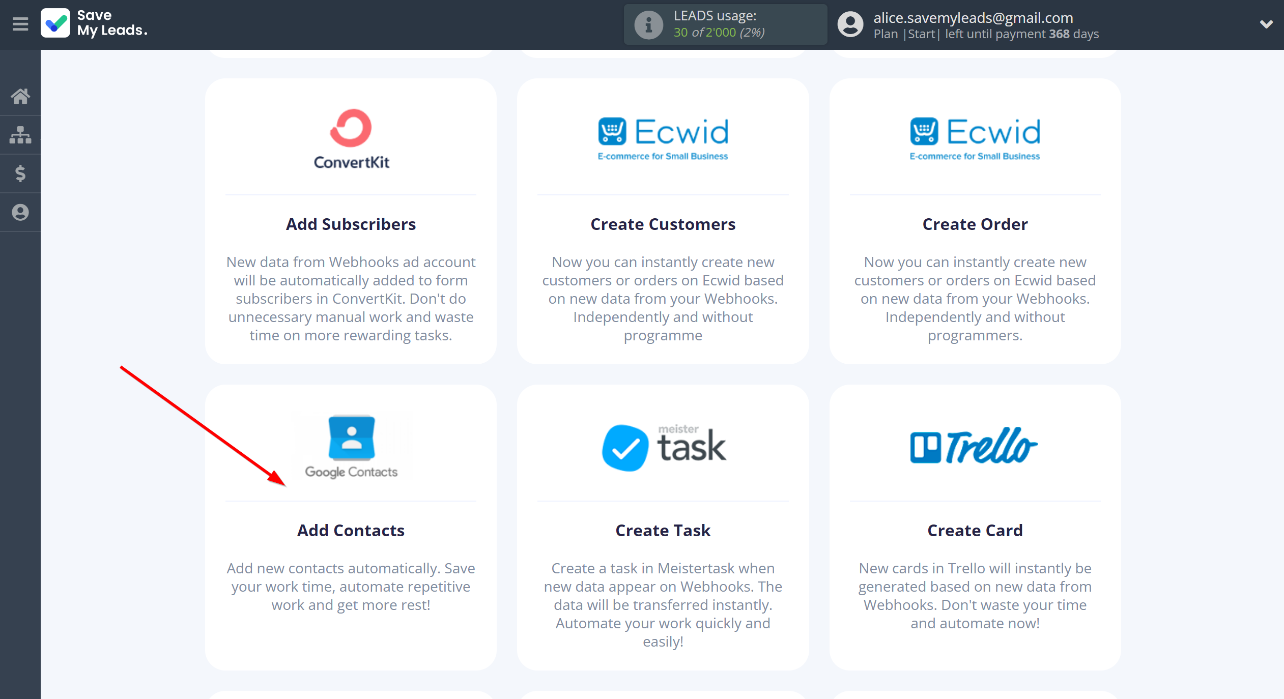 How to Connect Webhooks with Google Contacts | Data Destination system selection