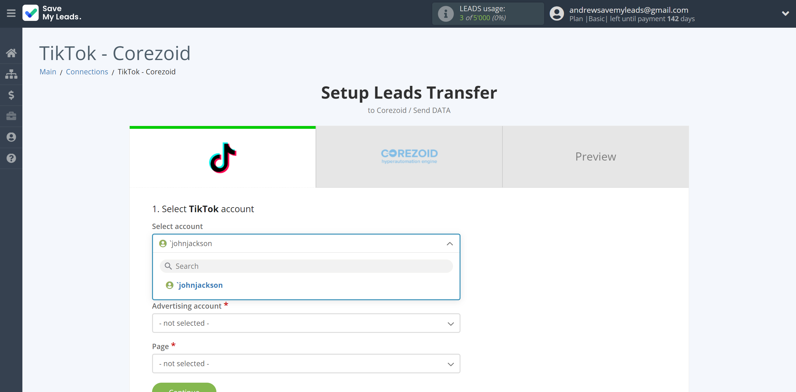 How to Connect TikTok with Corezoid | Data Source account selection