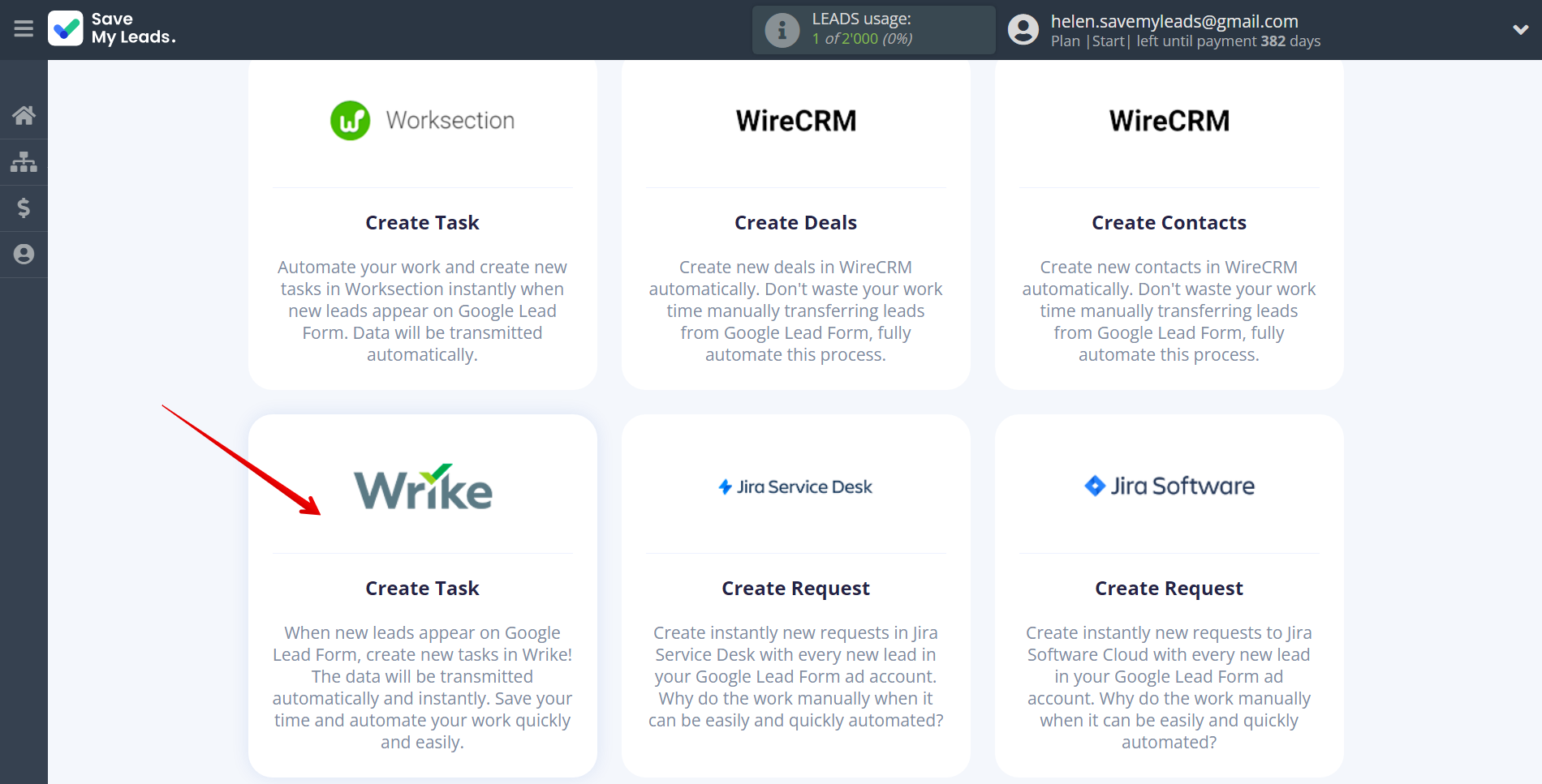 How to Connect Google Lead Form with Wrike | Data Destination system selection