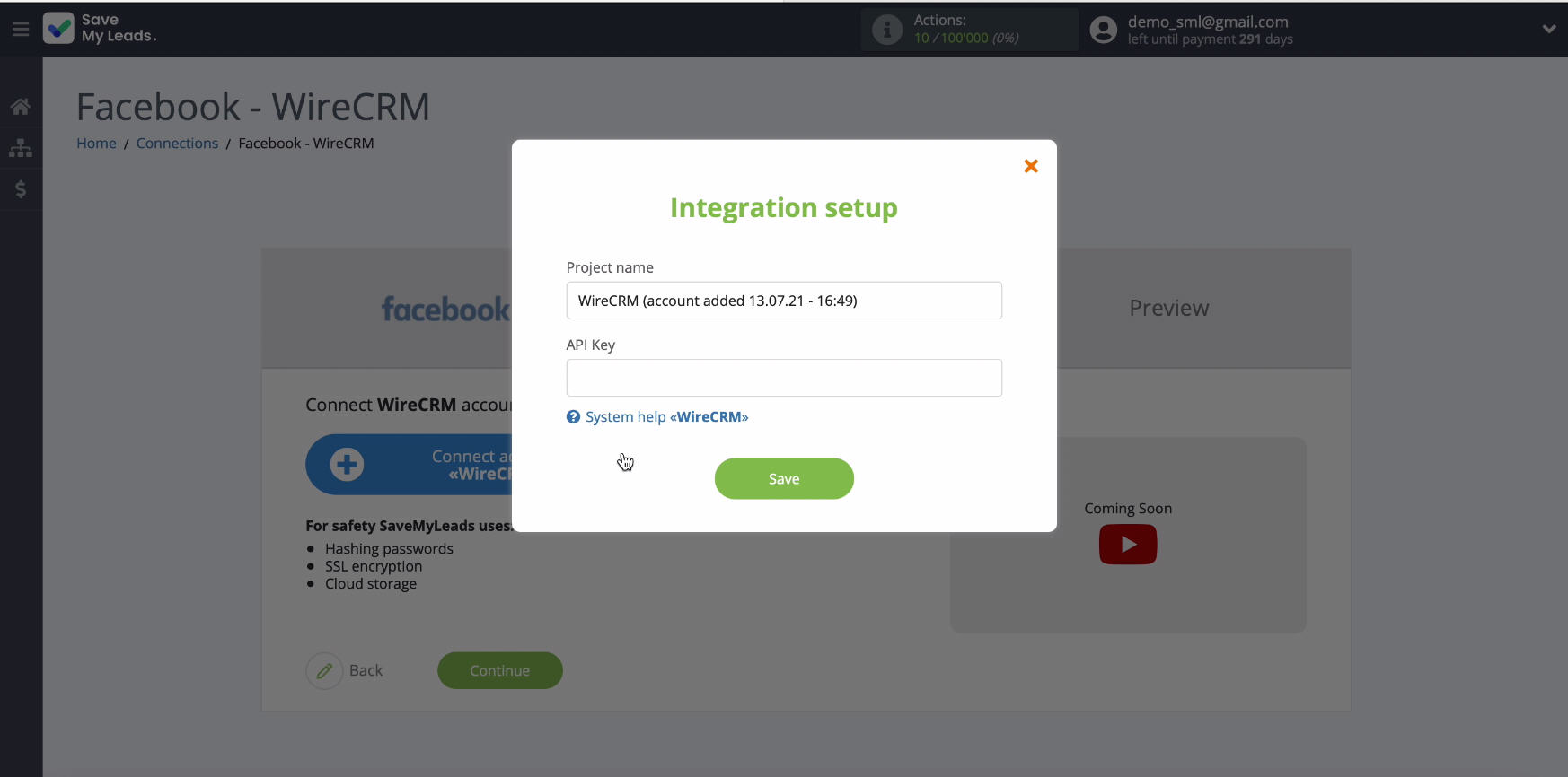 Facebook and WireCRM integration | Connection window&nbsp;