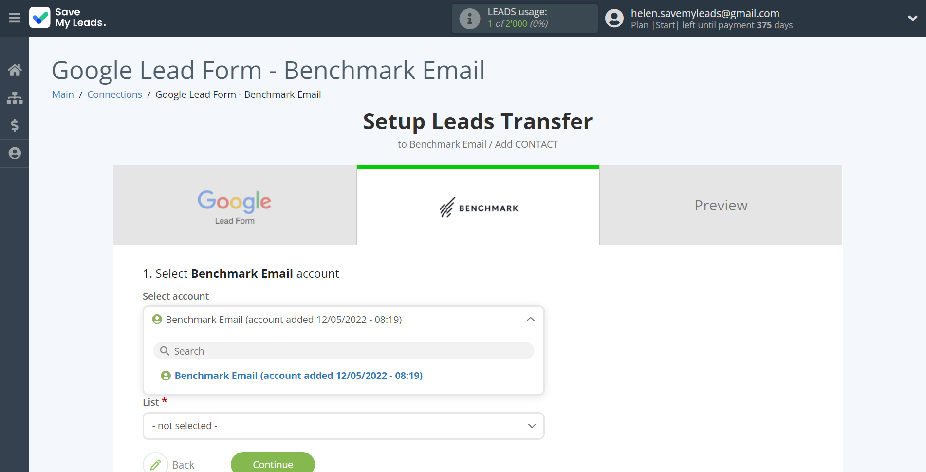 How to Connect Google Lead Form with Benchmark Email | Data Destination account selection
