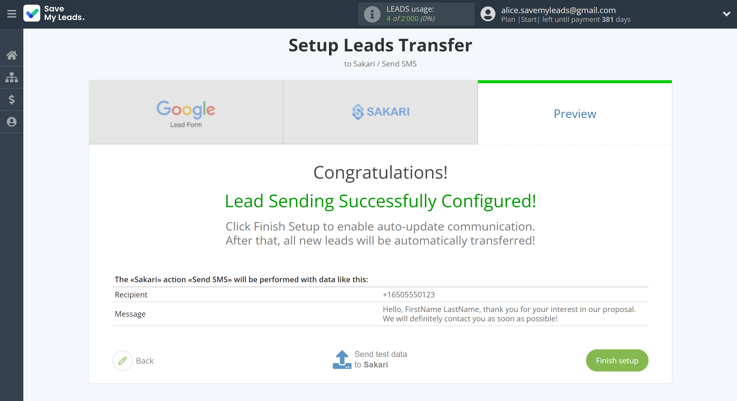 How to Connect Google Lead Form with Sakari | Test data