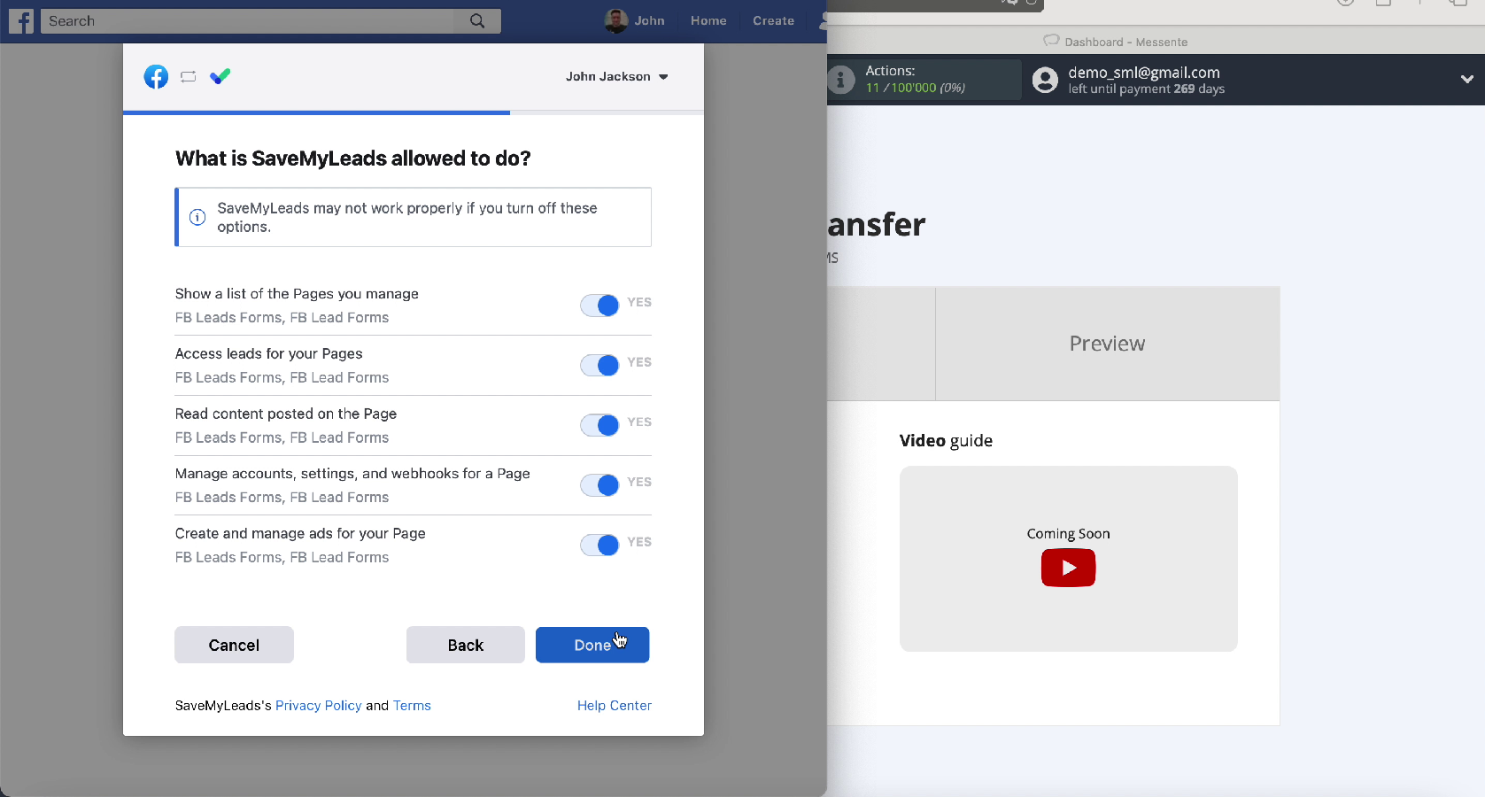 How to set up Facebook and Messente integration | Grant access and continue settings