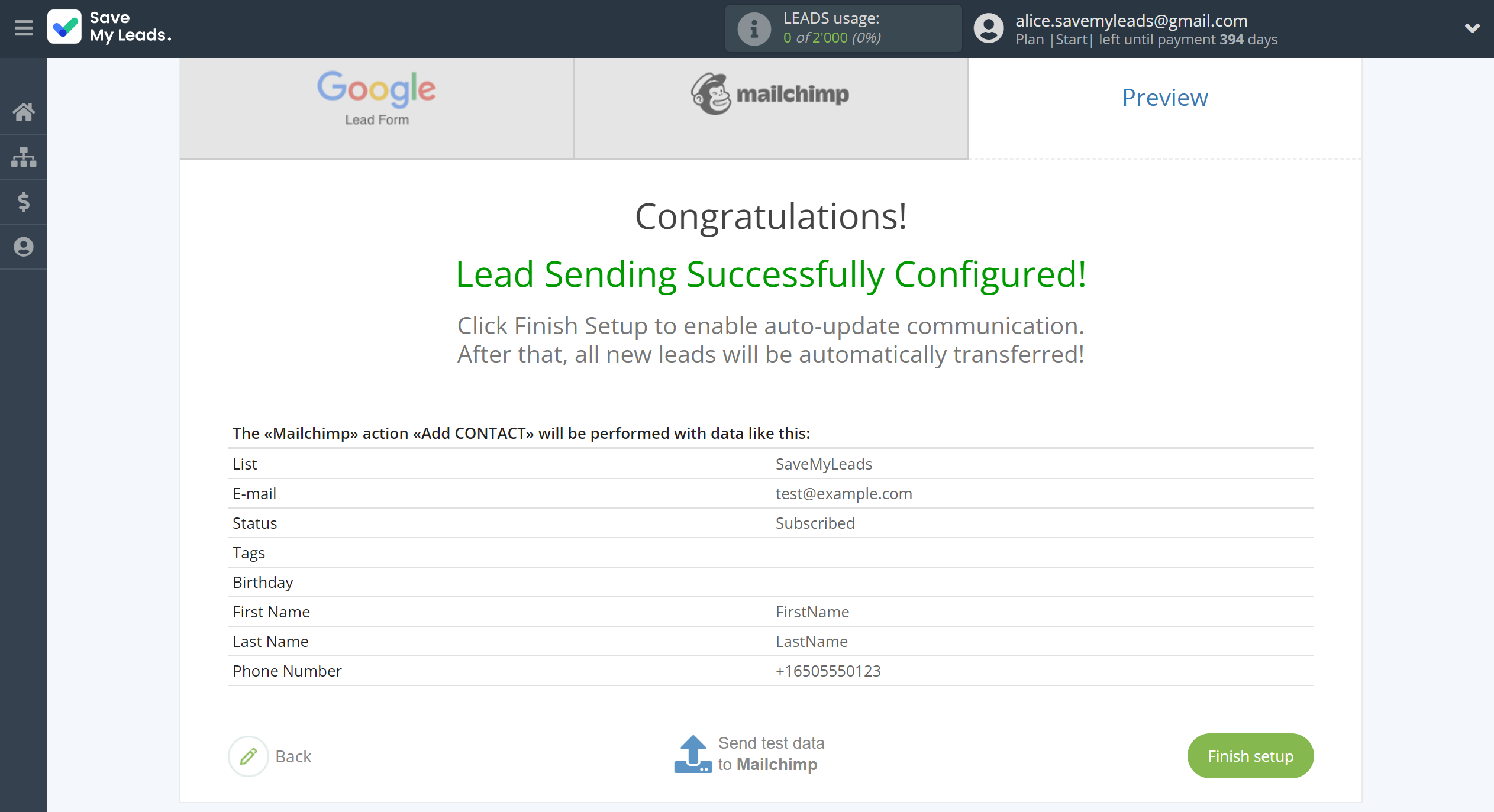 How to Connect Google Lead Form with MailChimp | Test data
