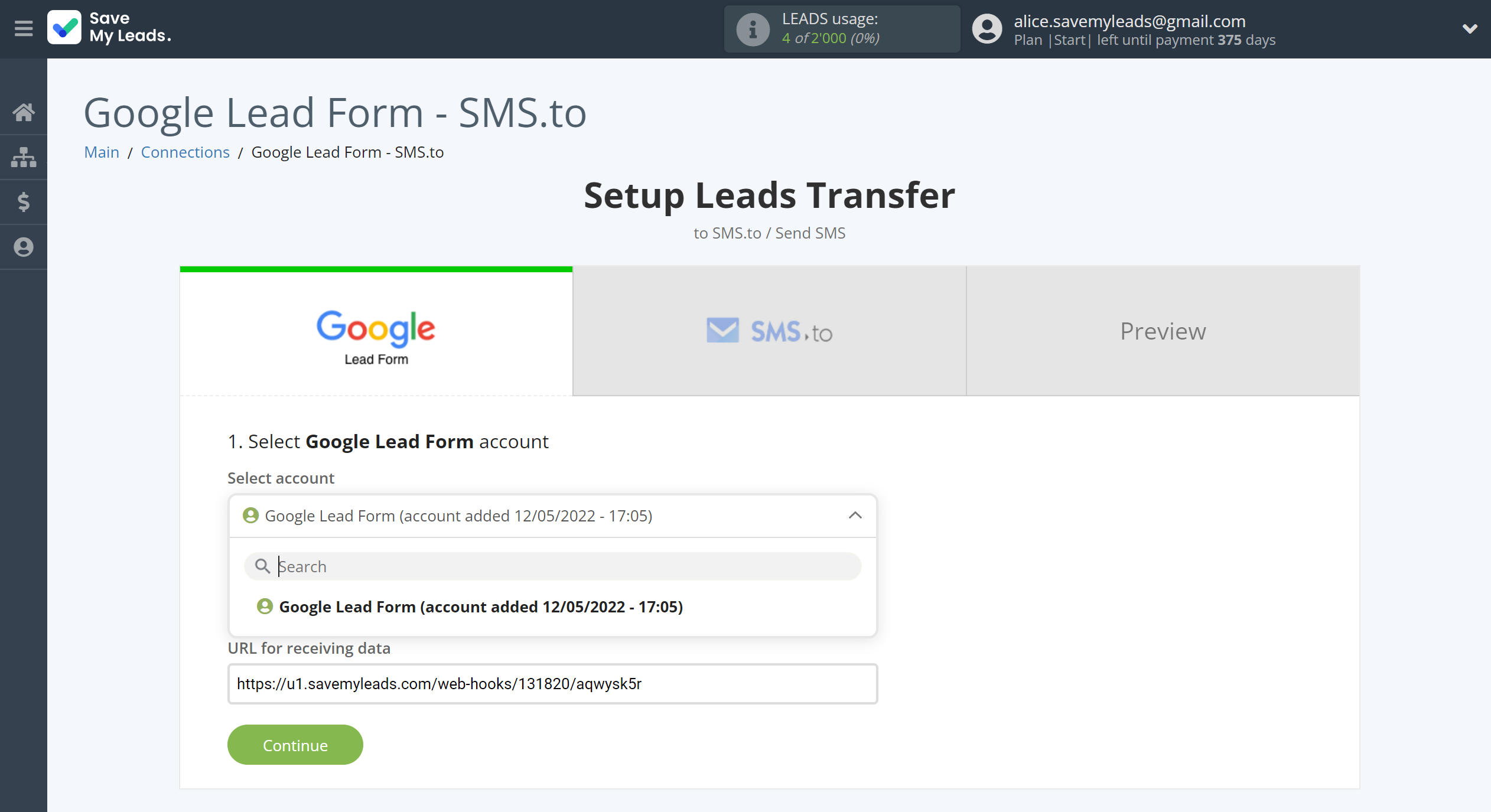 How to Connect Google Lead Form with SMS.to | Data Source account selection