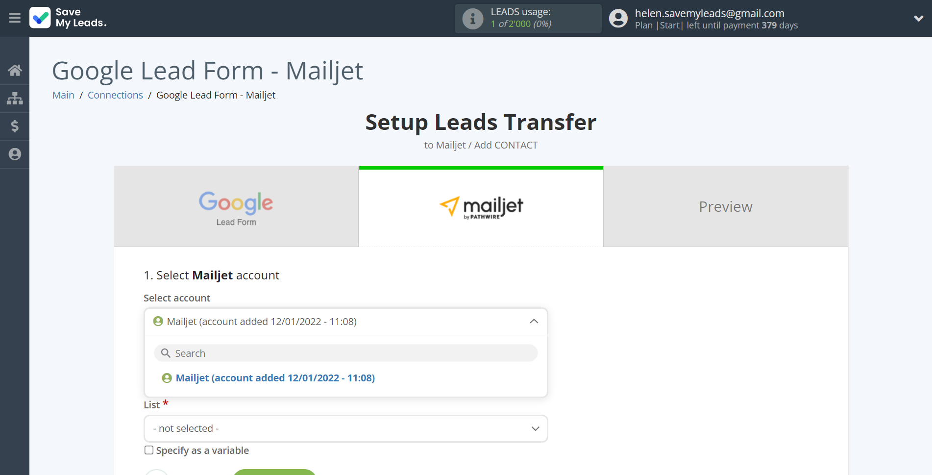 How to Connect Google Lead Form with Mailjet | Data Destination account selection