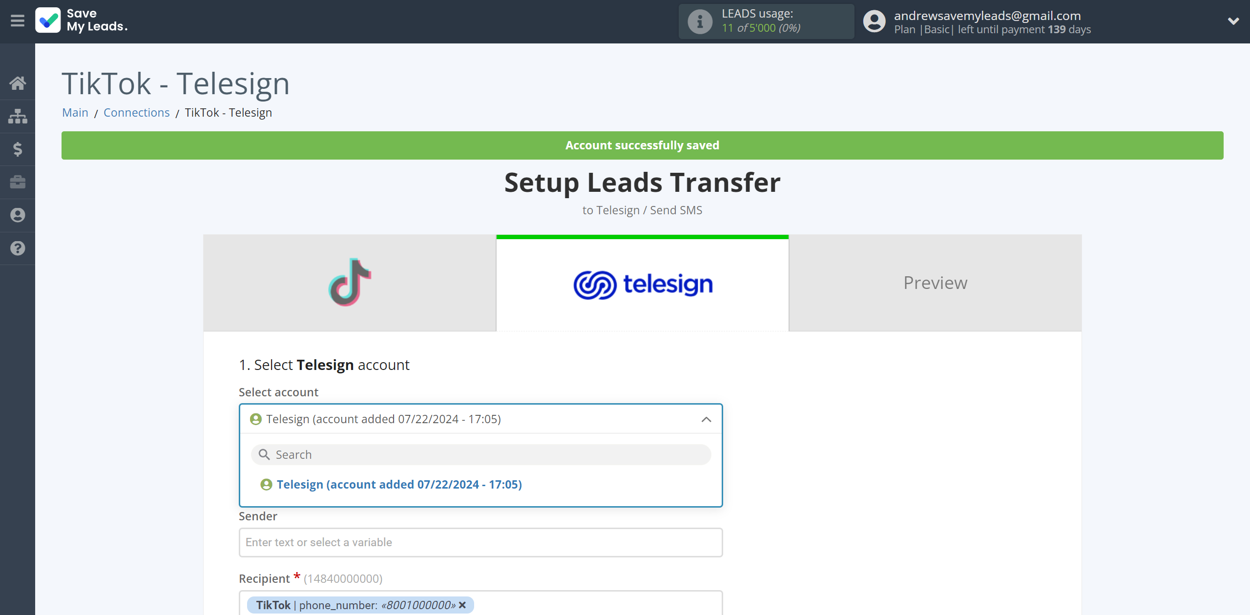 How to Connect TikTok with Telesign | Data Destination account selection