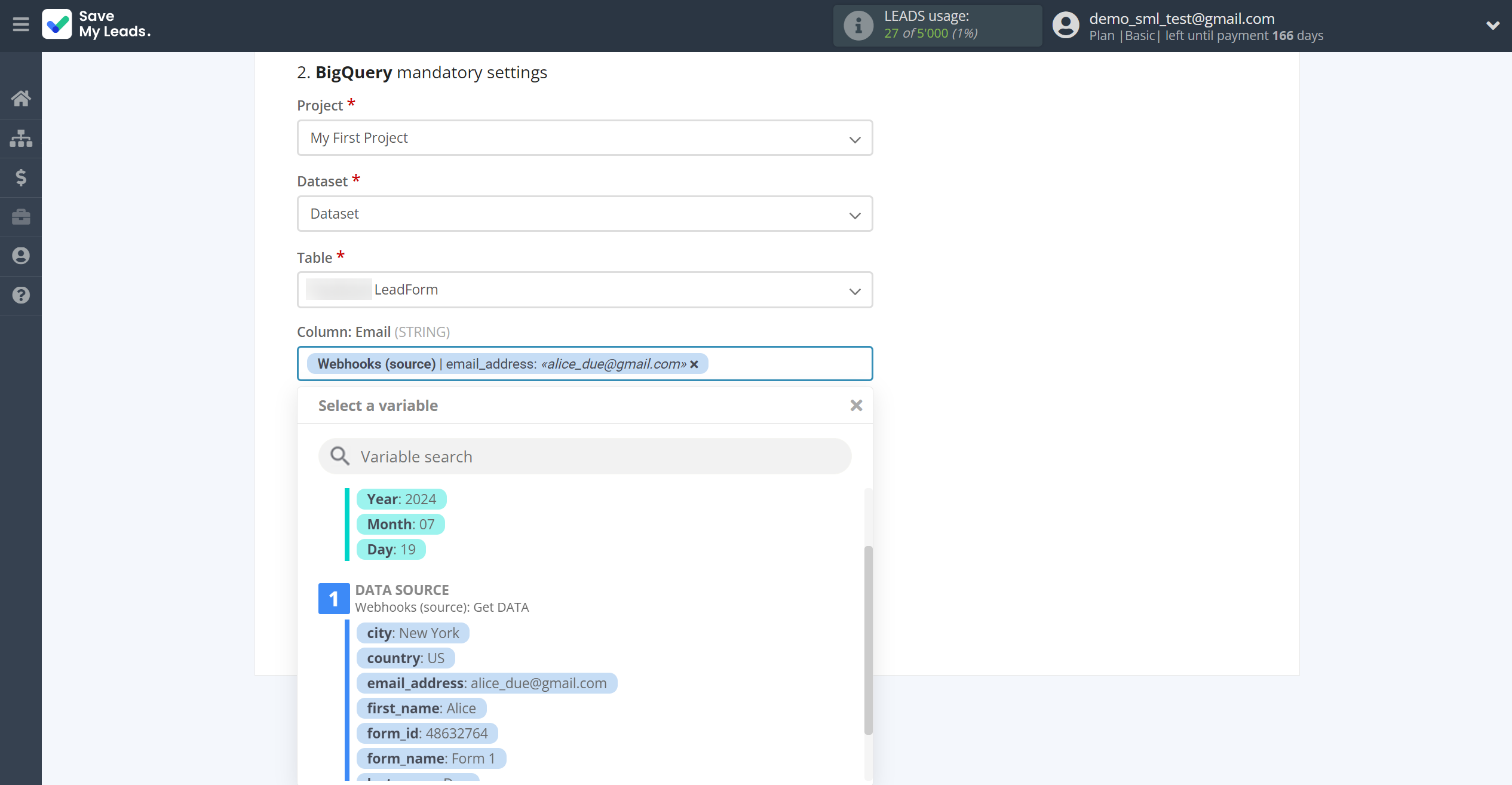 How to Connect Webhooks with&nbsp;BigQuery | Assigning fields