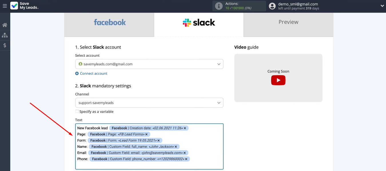 Facebook and Slack integration | A message
