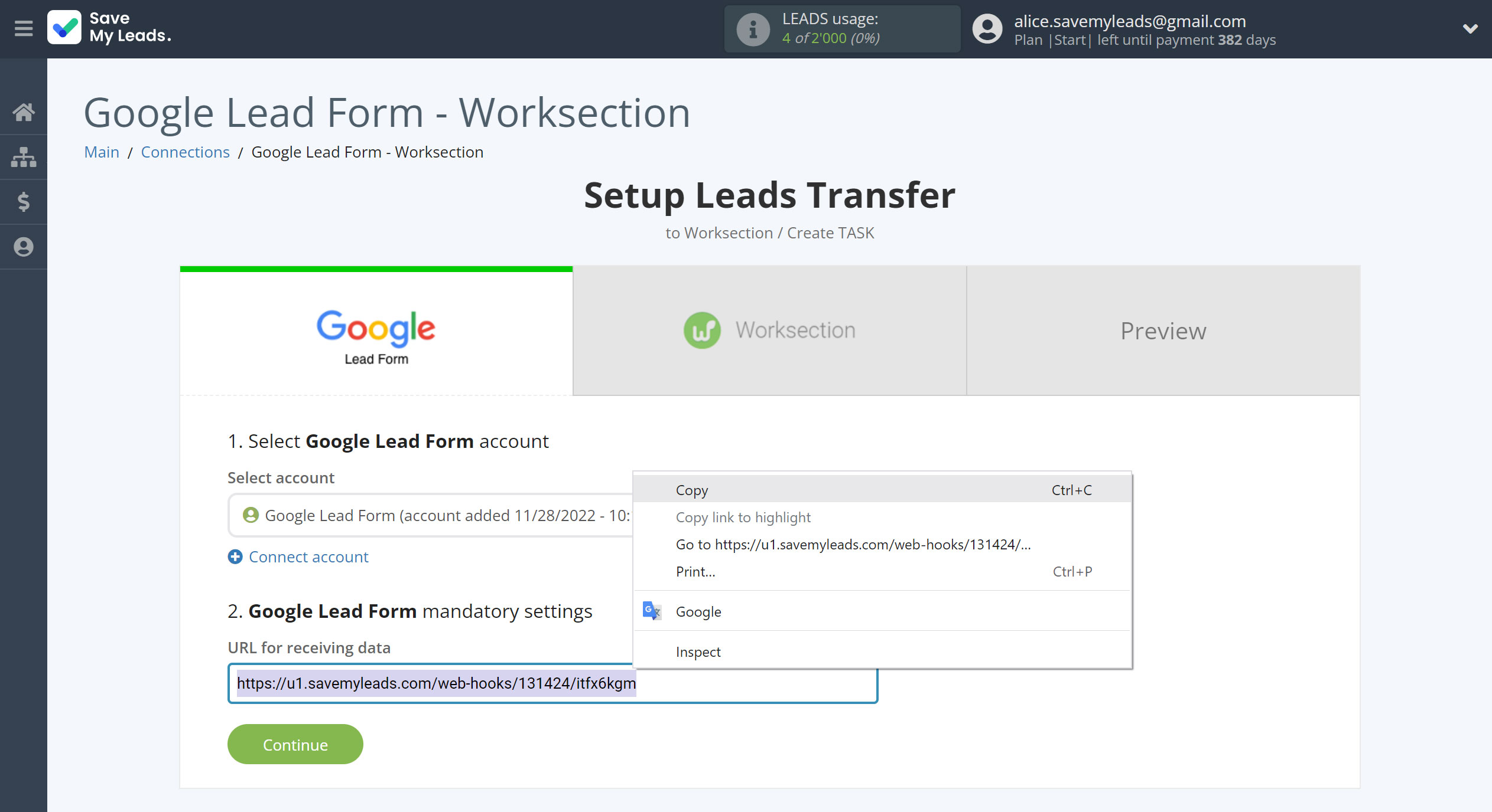 How to Connect Google Lead Form with Worksection | Data Source account connection