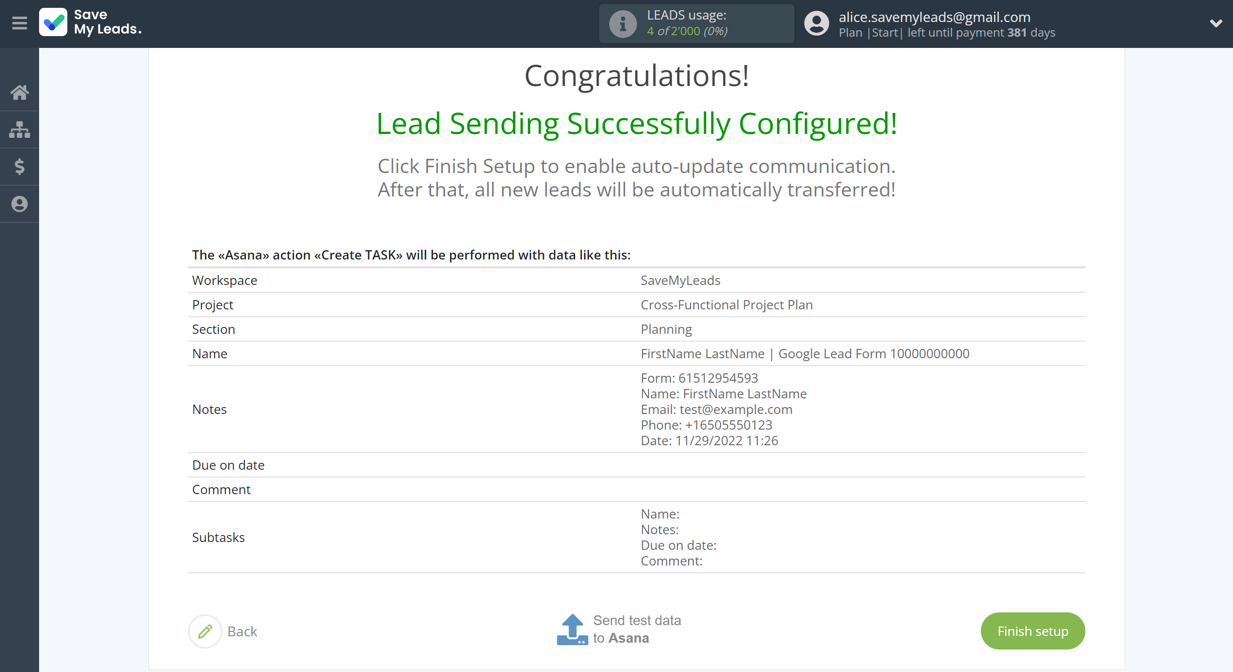 How to Connect Google Lead Form with Asana | Test data