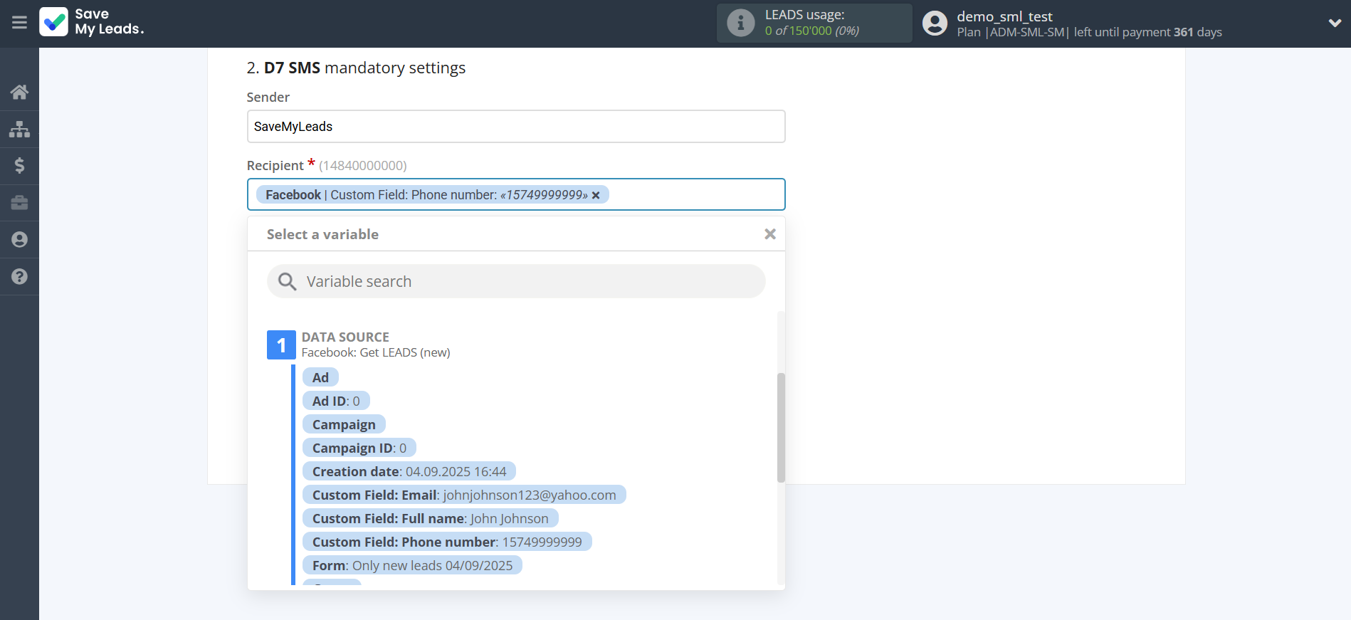 How to Connect Facebook with D7 SMS | Assigning fields