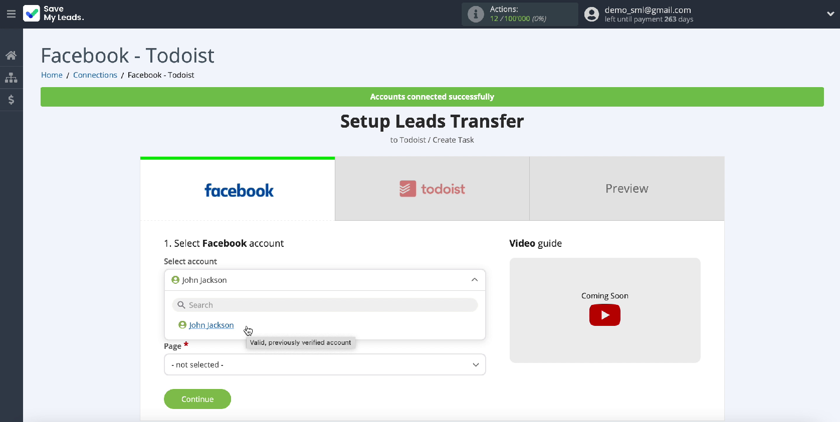 How to Create Todoist Tasks from New Facebook Leads | Selecting your connected account