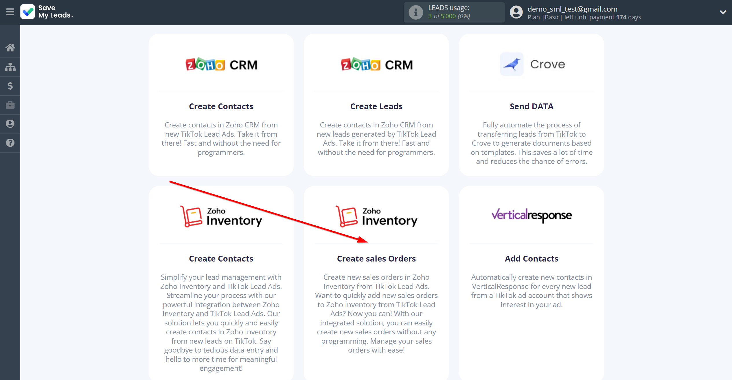 How to Connect TikTok with Zoho Inventory Create sales Order | Data Destination system selection