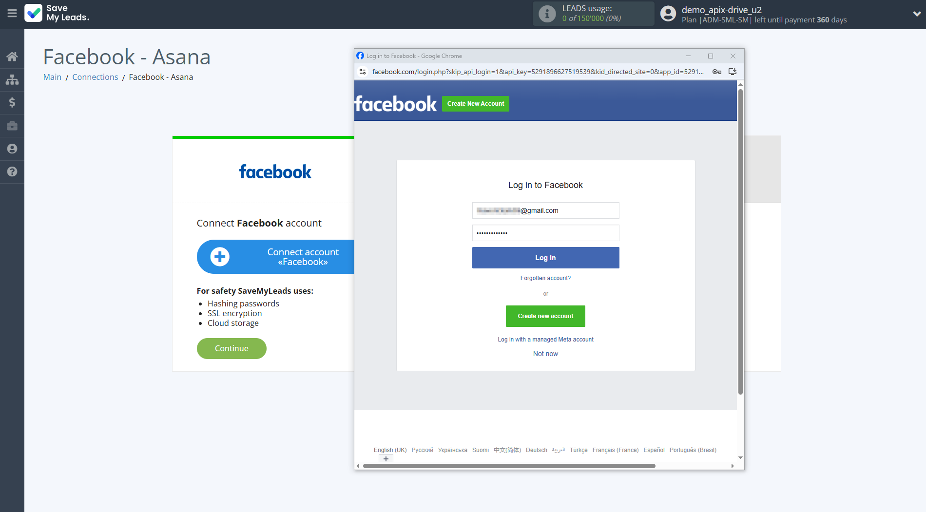 How to Connect Facebook with Asana | Data Source account connection