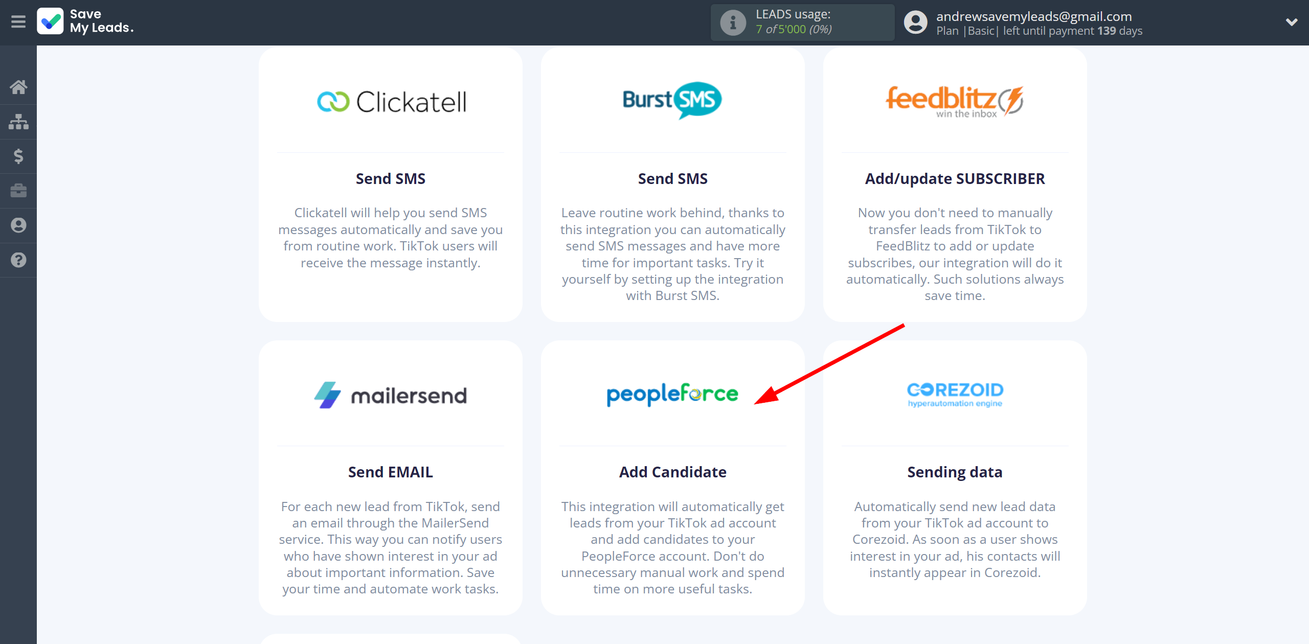 How to Connect TikTok with PeopleForce Add Candidate | Data Destination system selection