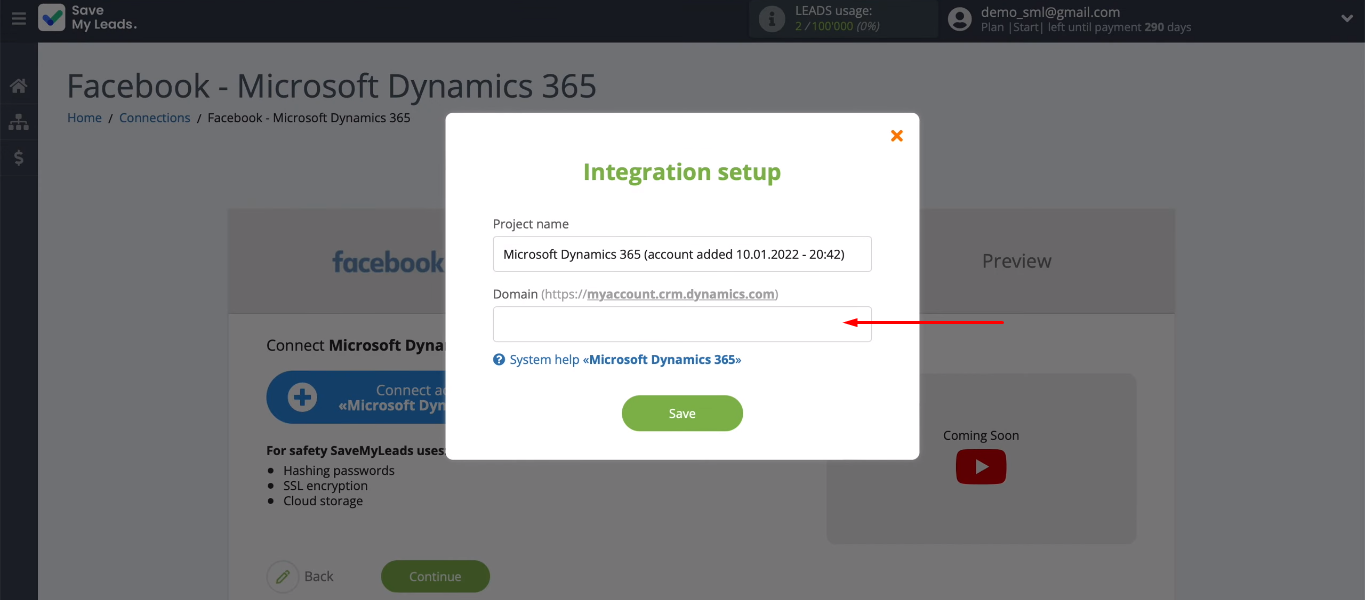 Facebook and Microsoft Dynamics 365 integration | The "Domain" field