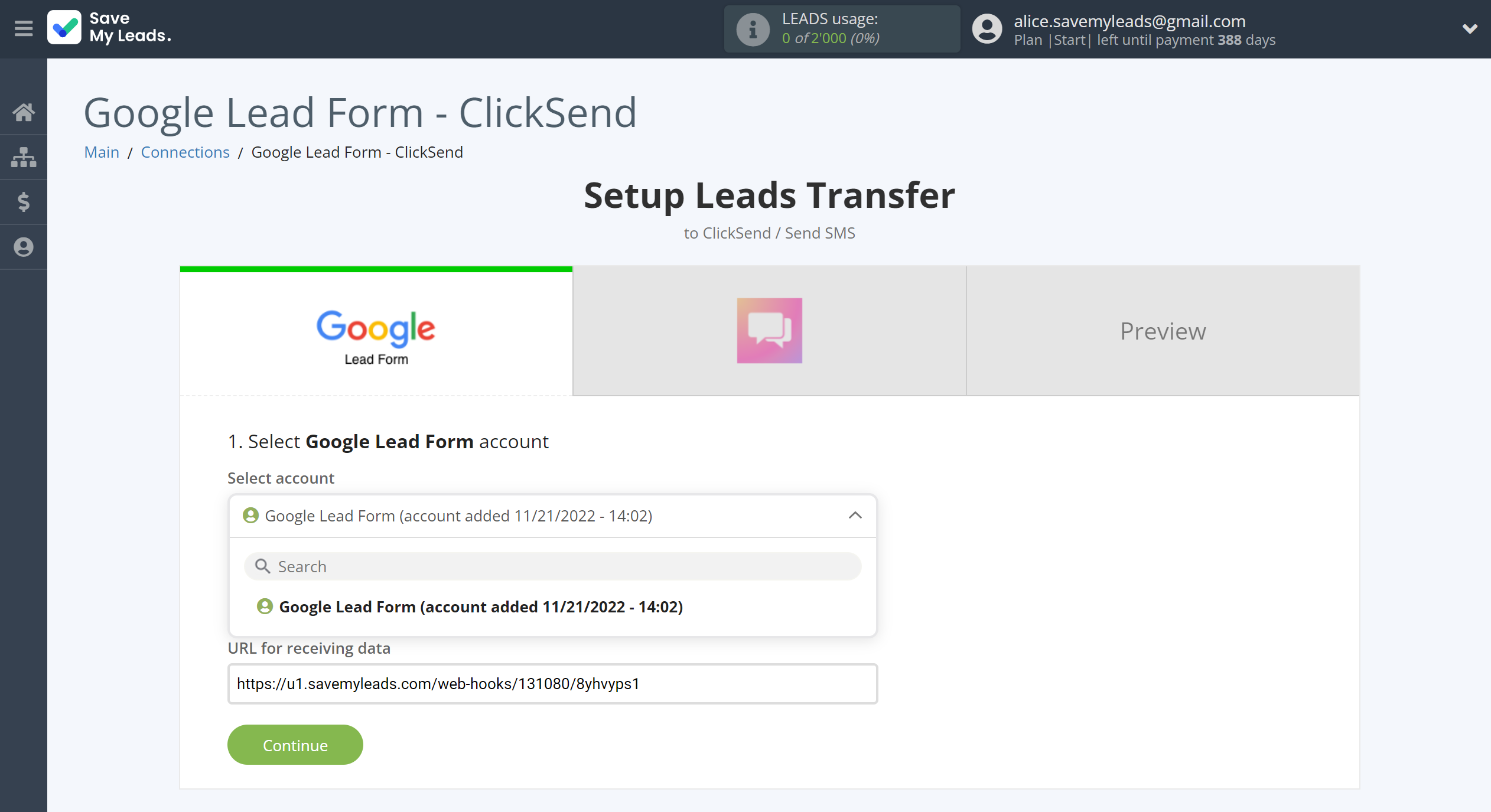 How to Connect Google Lead Form with ClickSend Send SMS | Data Source account selection