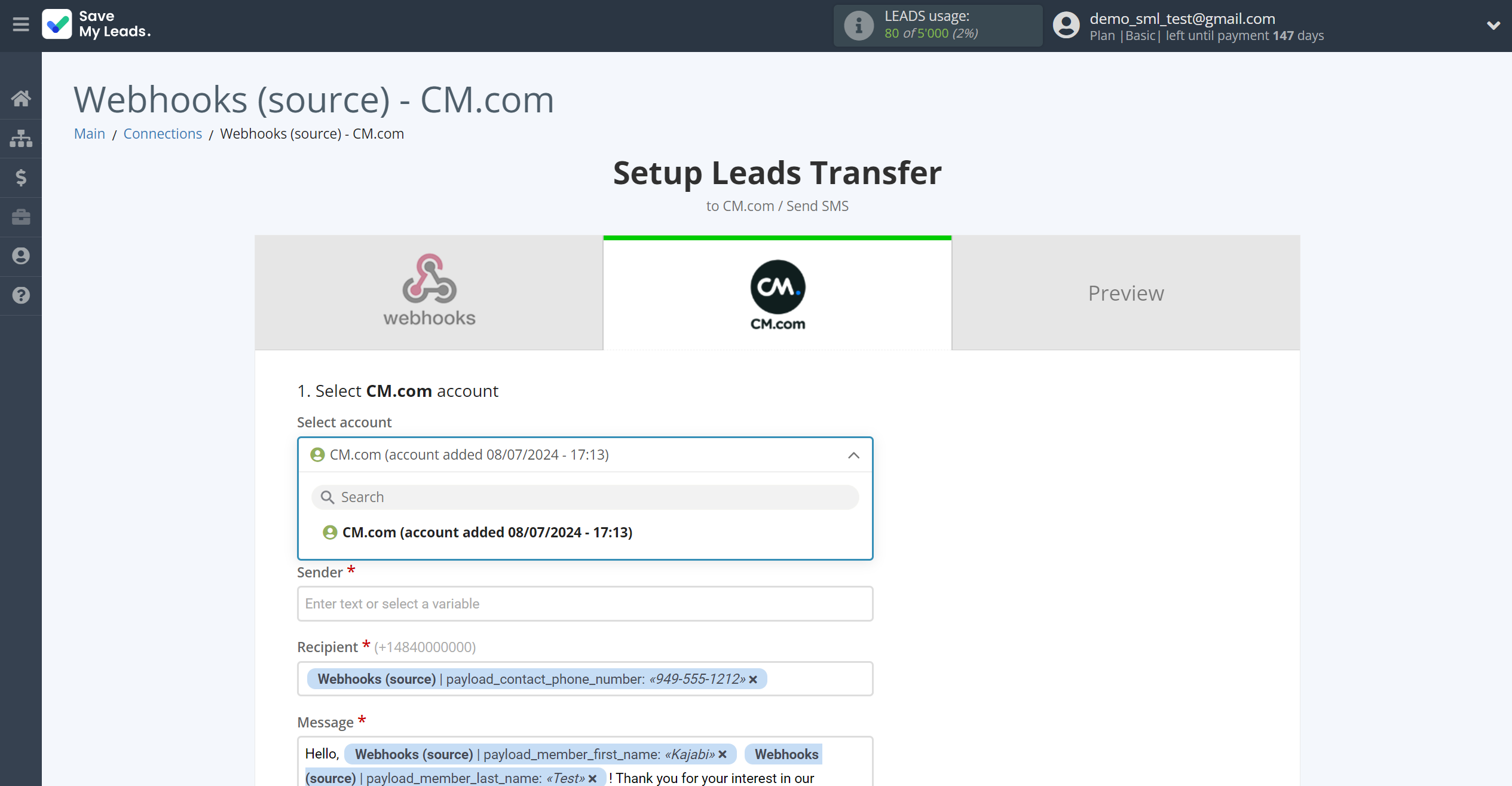 How to Connect Webhooks with CM.com | Data Destination account selection