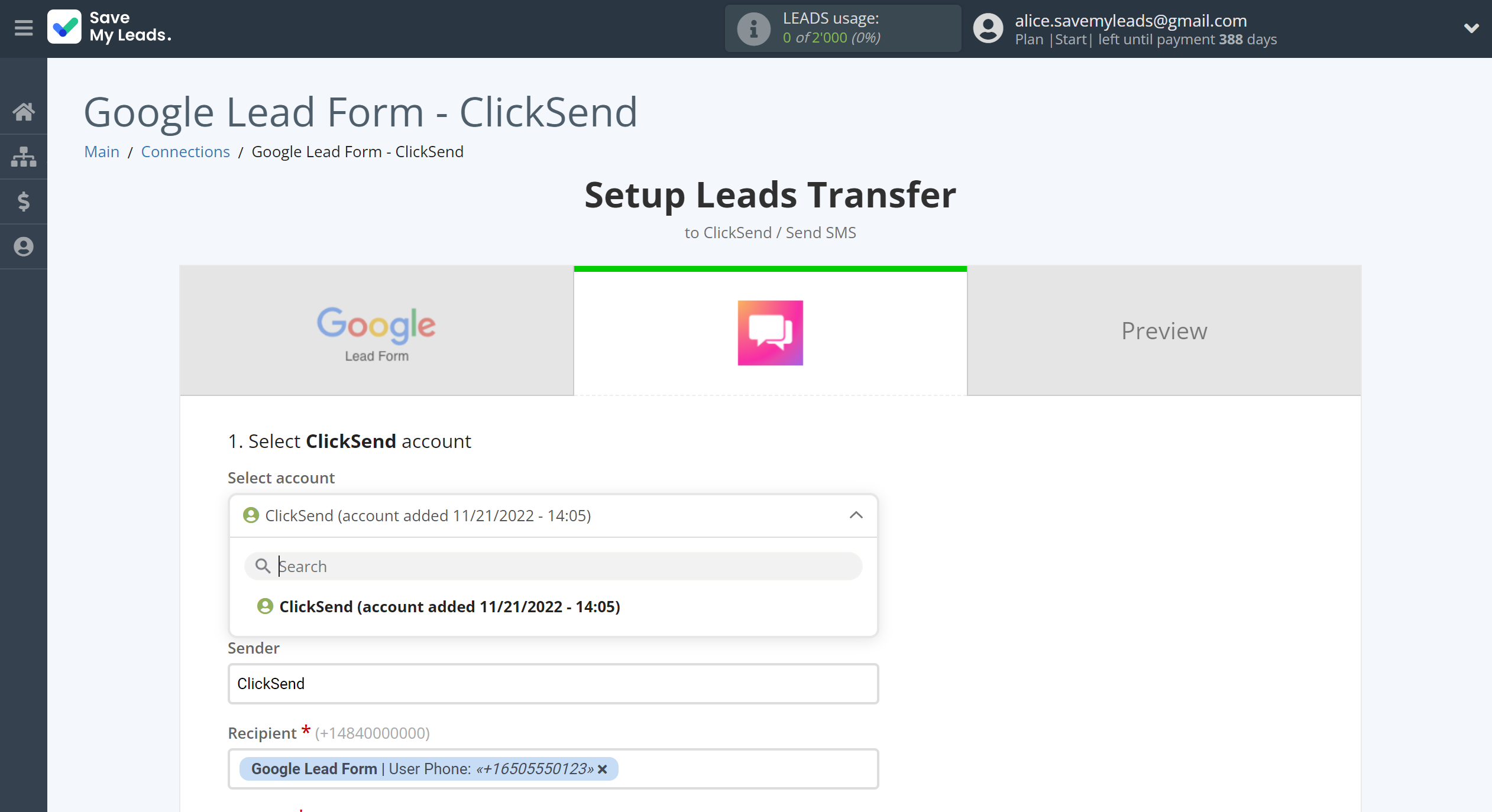 How to Connect Google Lead Form with ClickSend Send SMS | Data Destination account selection