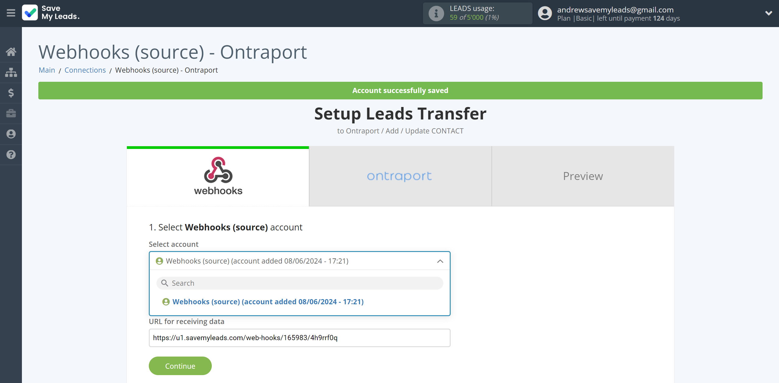 How to Connect Webhooks with Ontraport | Data Source account selection