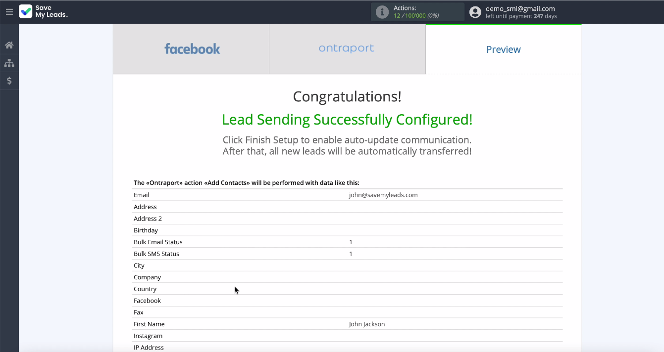 How to Add Ontraport Contacts from New Facebook Leads | Sample data