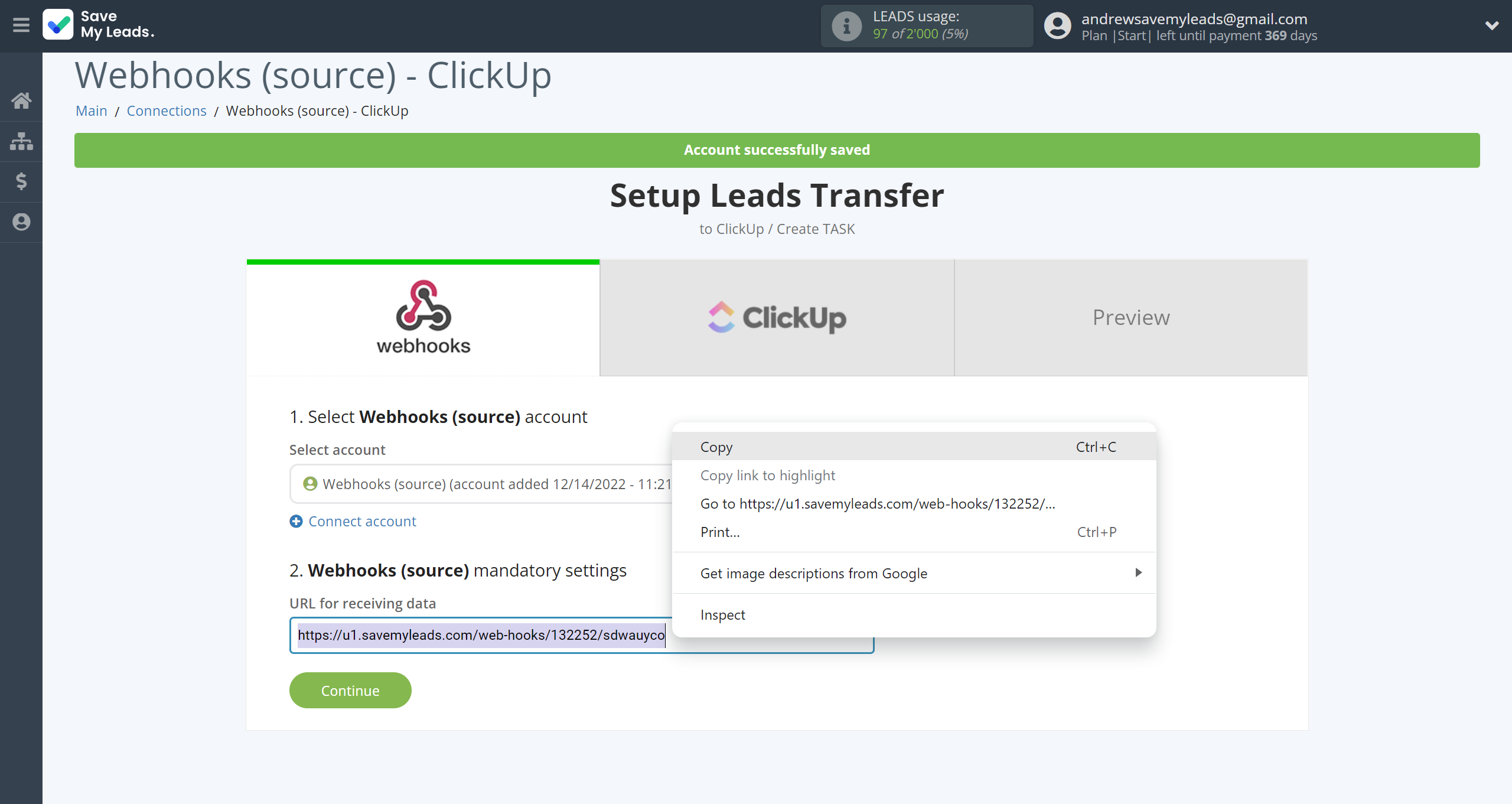 How to Connect Webhooks with ClickUp | Data Source account connection