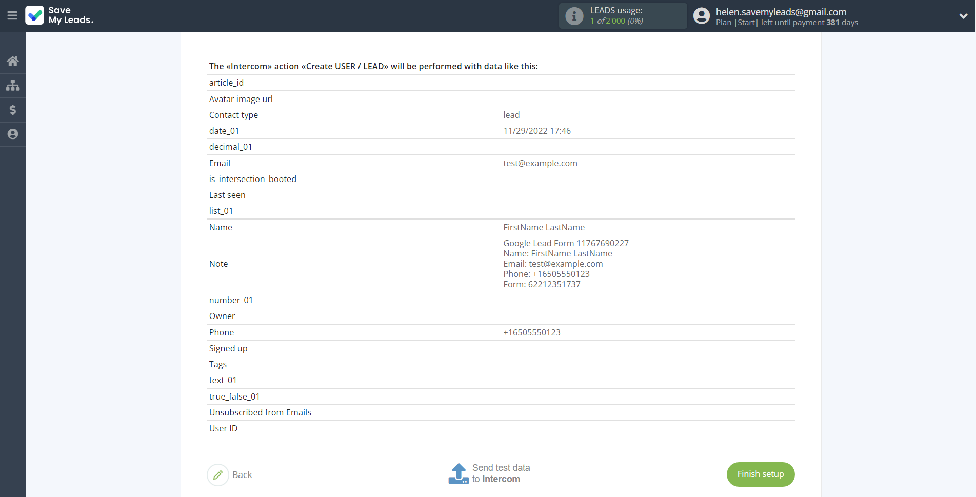 How to Connect Google Lead Form with Intercom | Test data