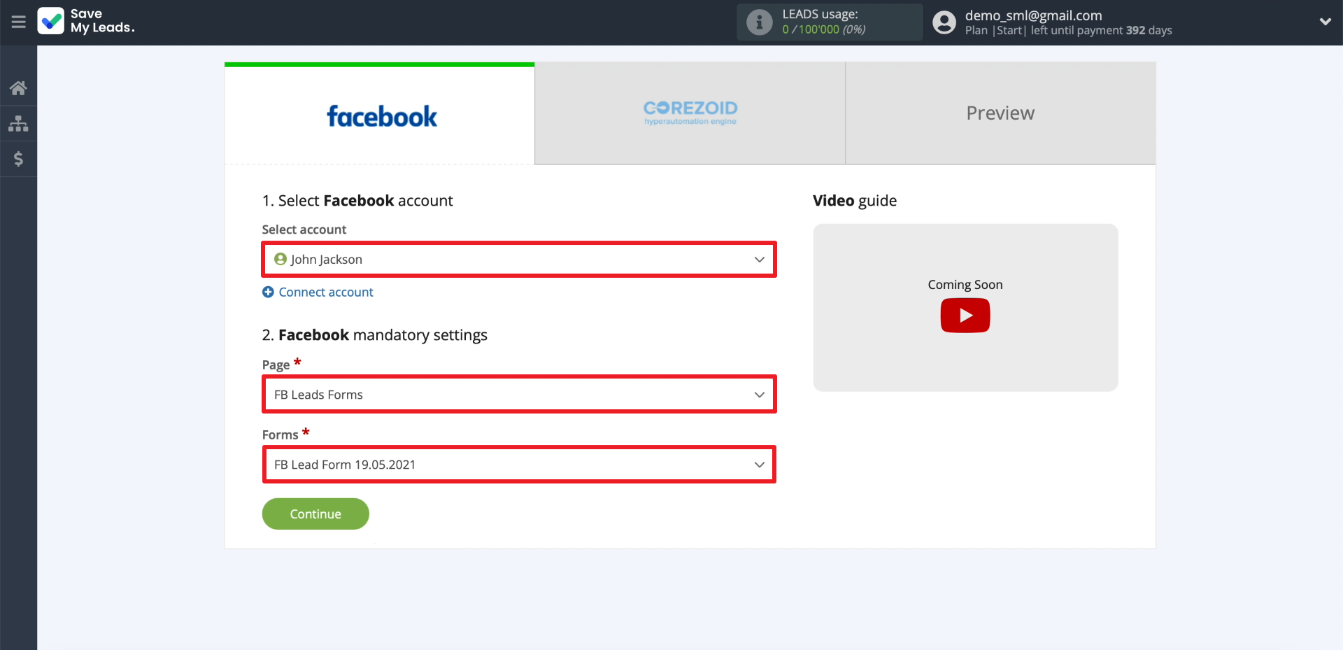 How to set up uploading new leads from a Facebook ad account in Corezoid | Configuring data upload from Facebook