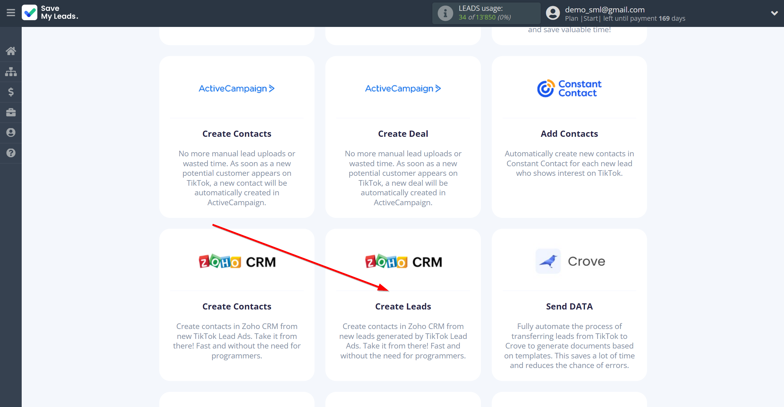 How to Connect TikTok with Zoho CRM Create Leads | Data Destination system selection