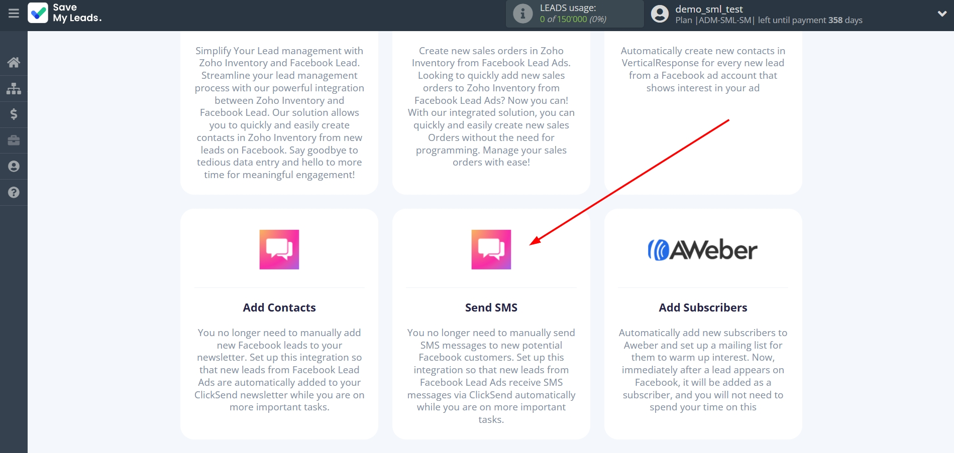 How to Connect FaceBook with ClickSend Send SMS | Data Destination system selection