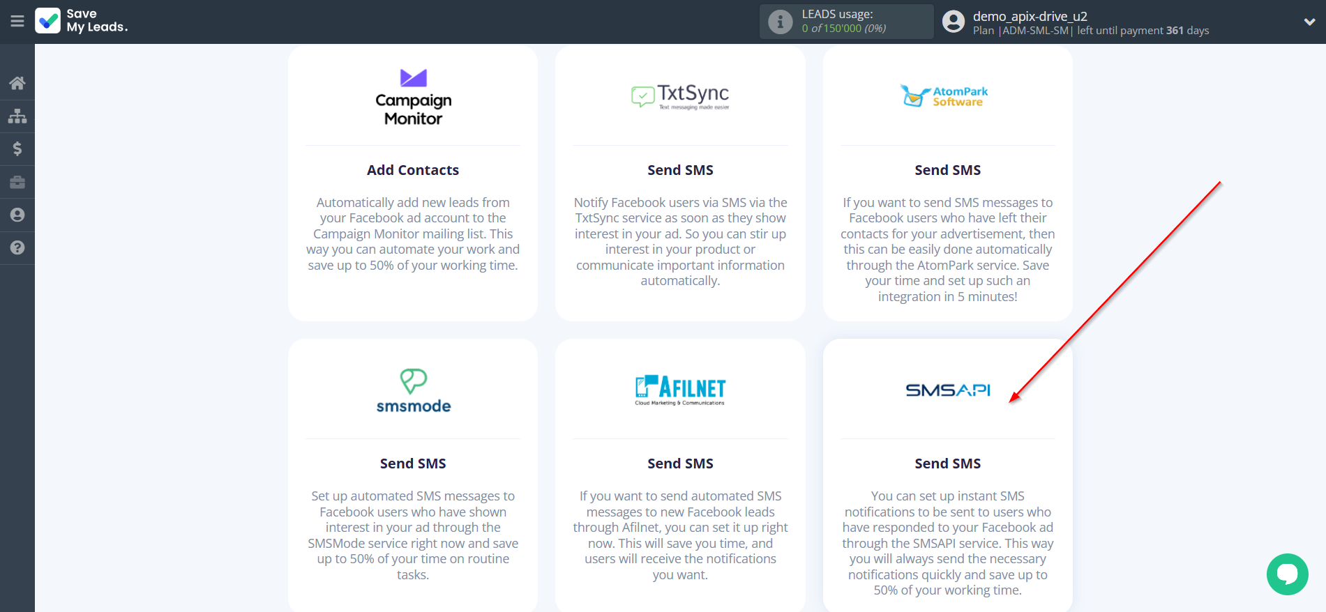 How to Connect Facebook with SMSAPI | Data Destination system selection