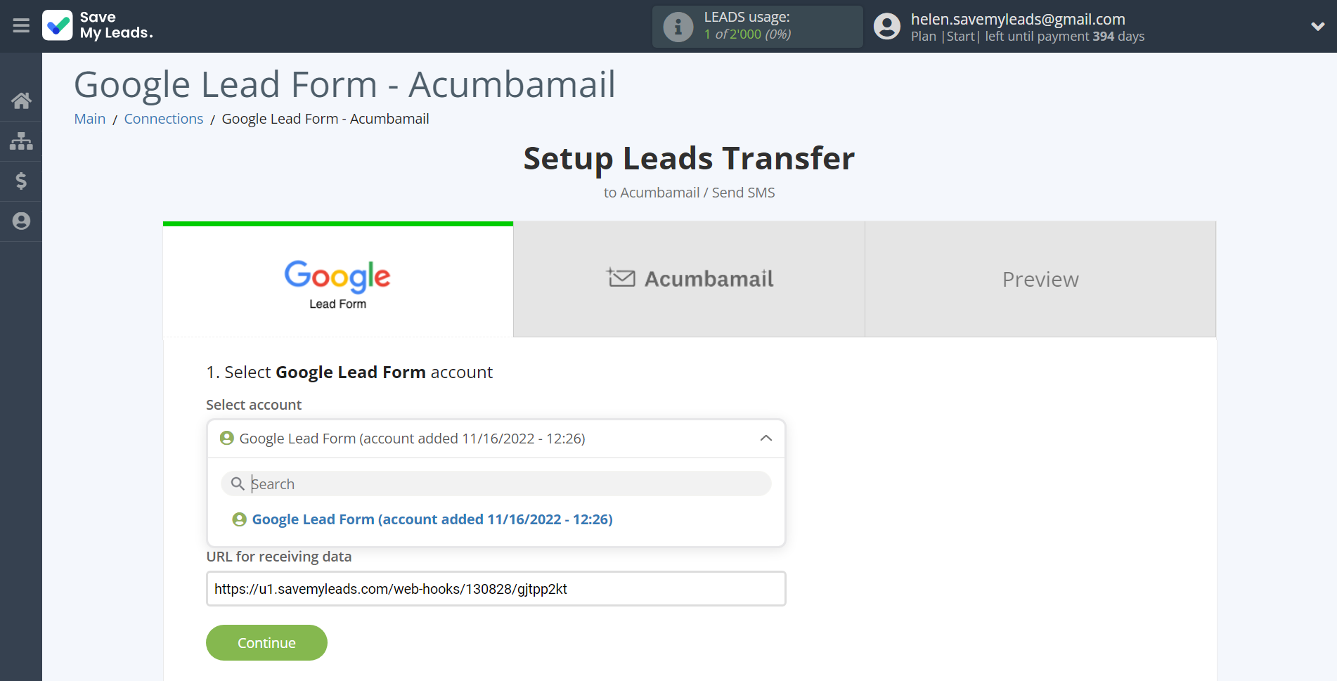 How to Connect Google Lead Form with Acumbamail Send SMS | Data Source account selection