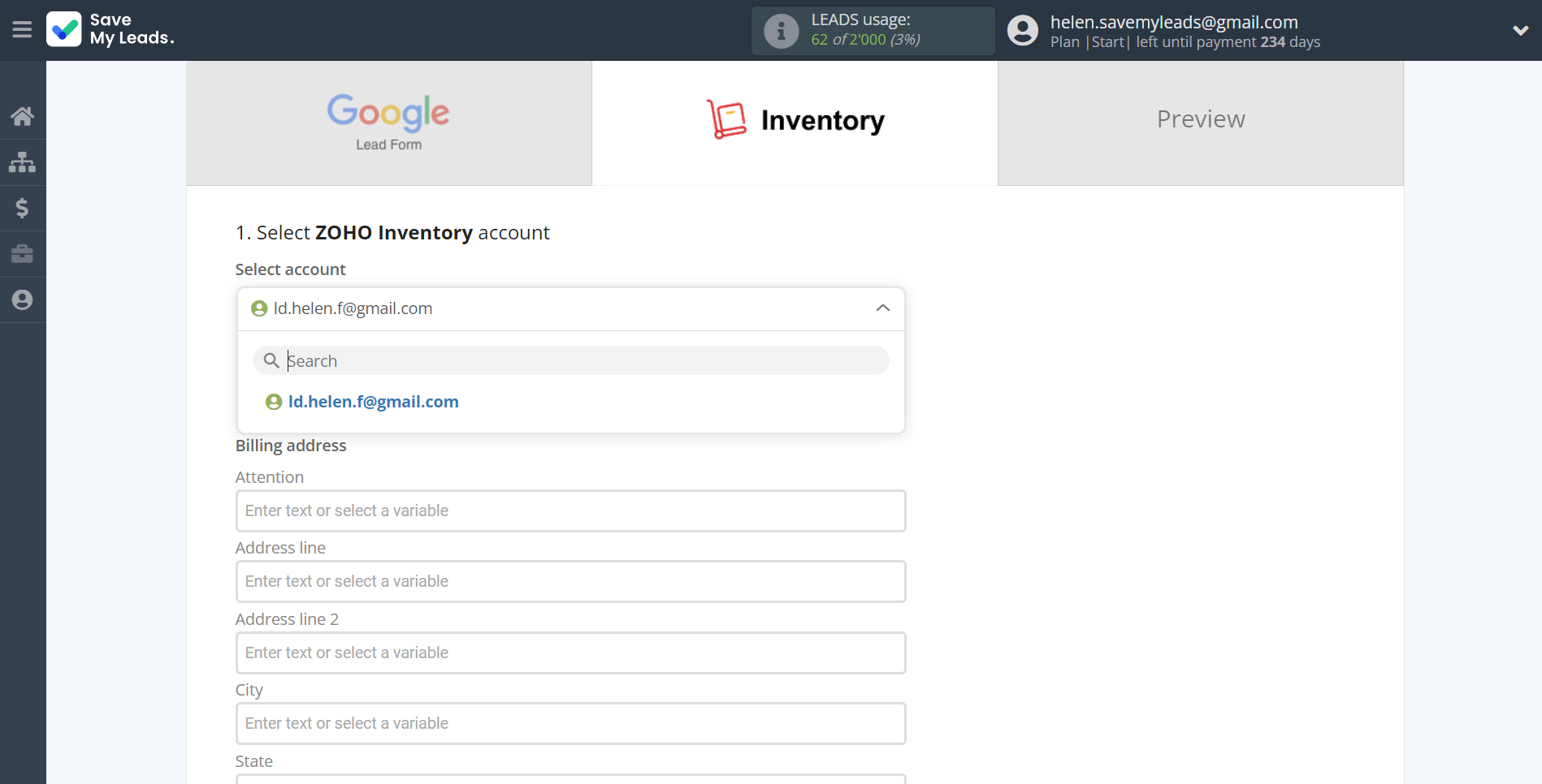 How to Connect Google Lead Form with Zoho Inventory Create Contacts | Data Destination account selection