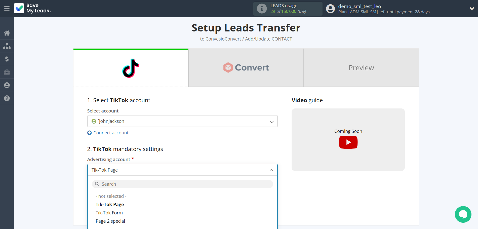How to Connect TikTok with ConvesioConvert | Data Source account connection