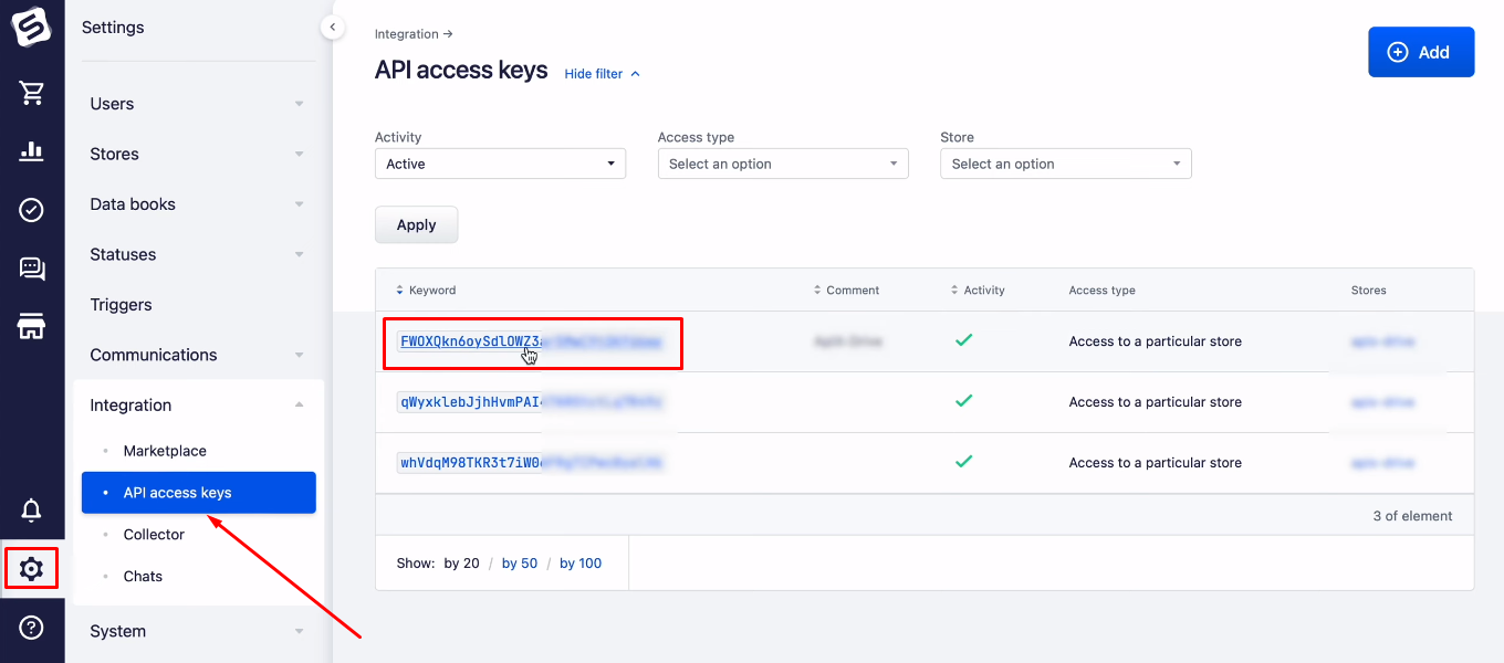 Facebook and Simla integration | Click on the active API key