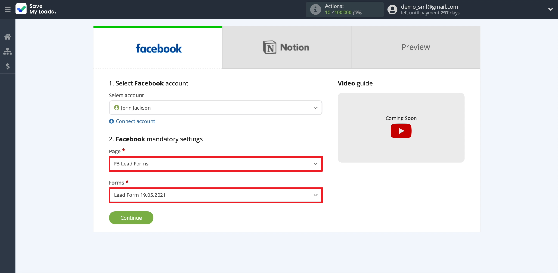 How to set up the upload of new leads from your Facebook ad account to Notion |&nbsp;Connecting form