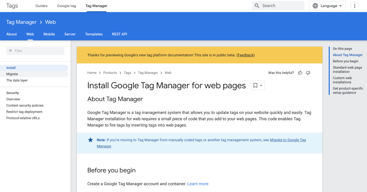 Google Tag Manager manual page