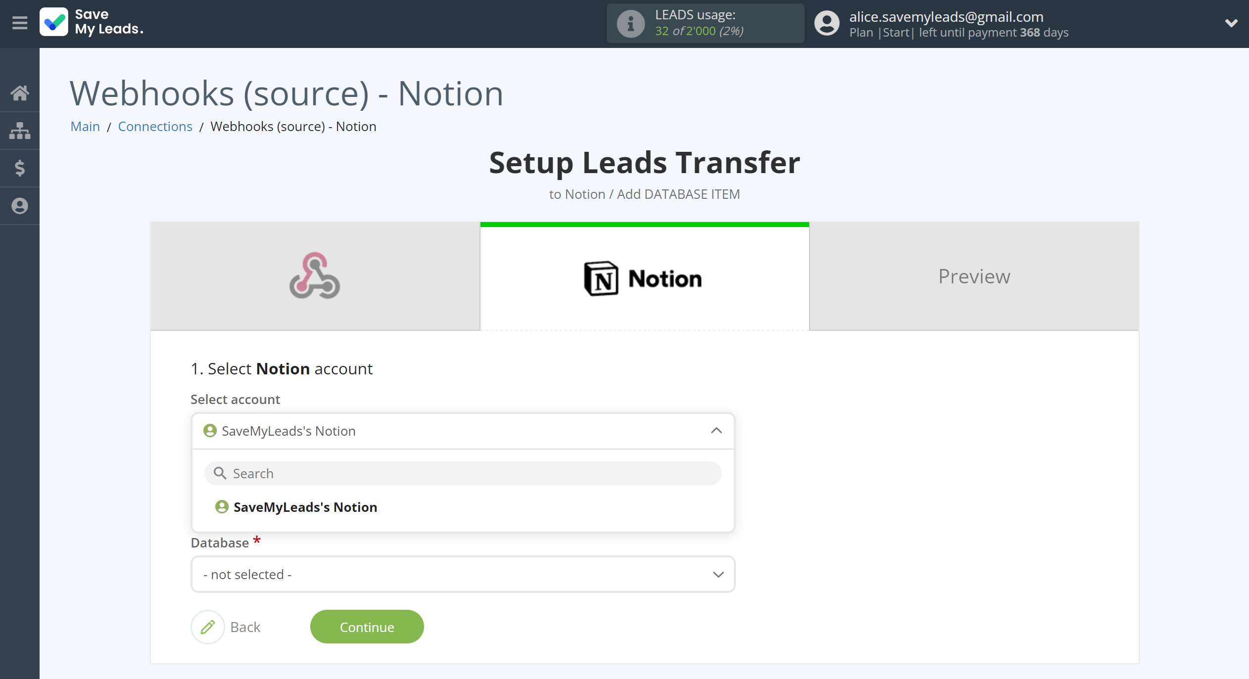 How to Connect Webhooks with Notion | Data Destination account selection