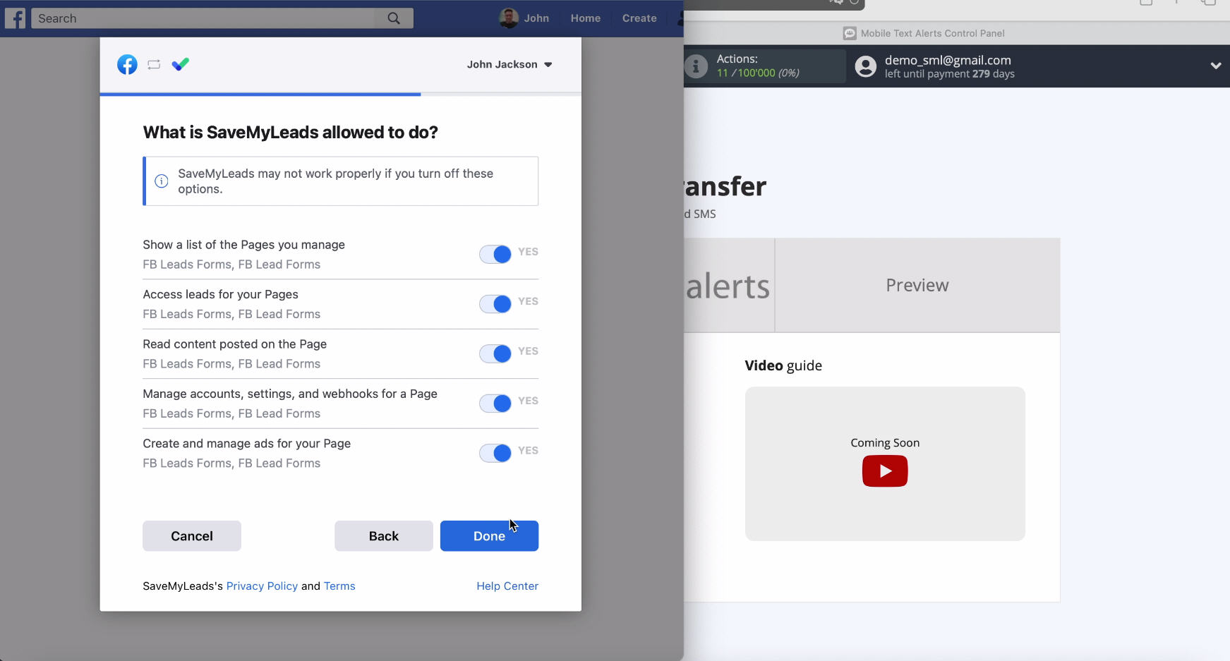 Facebook and Mobile Text Alerts integration | Access settings