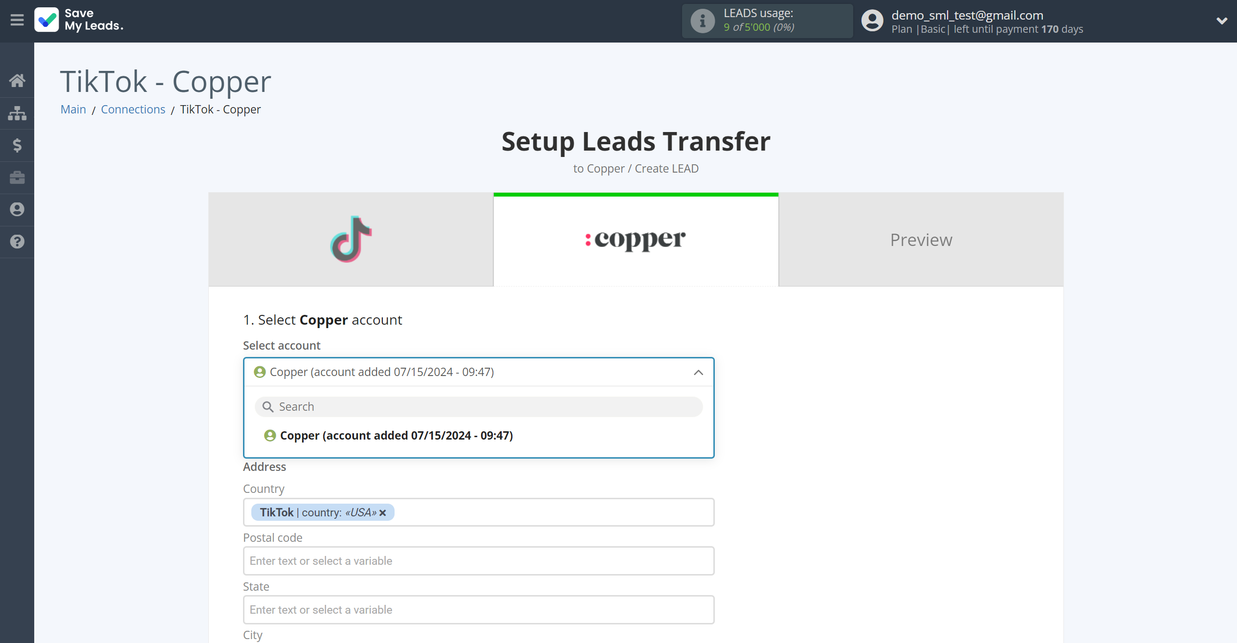 How to Connect TikTok with Copper Create Lead | Data Destination account selection