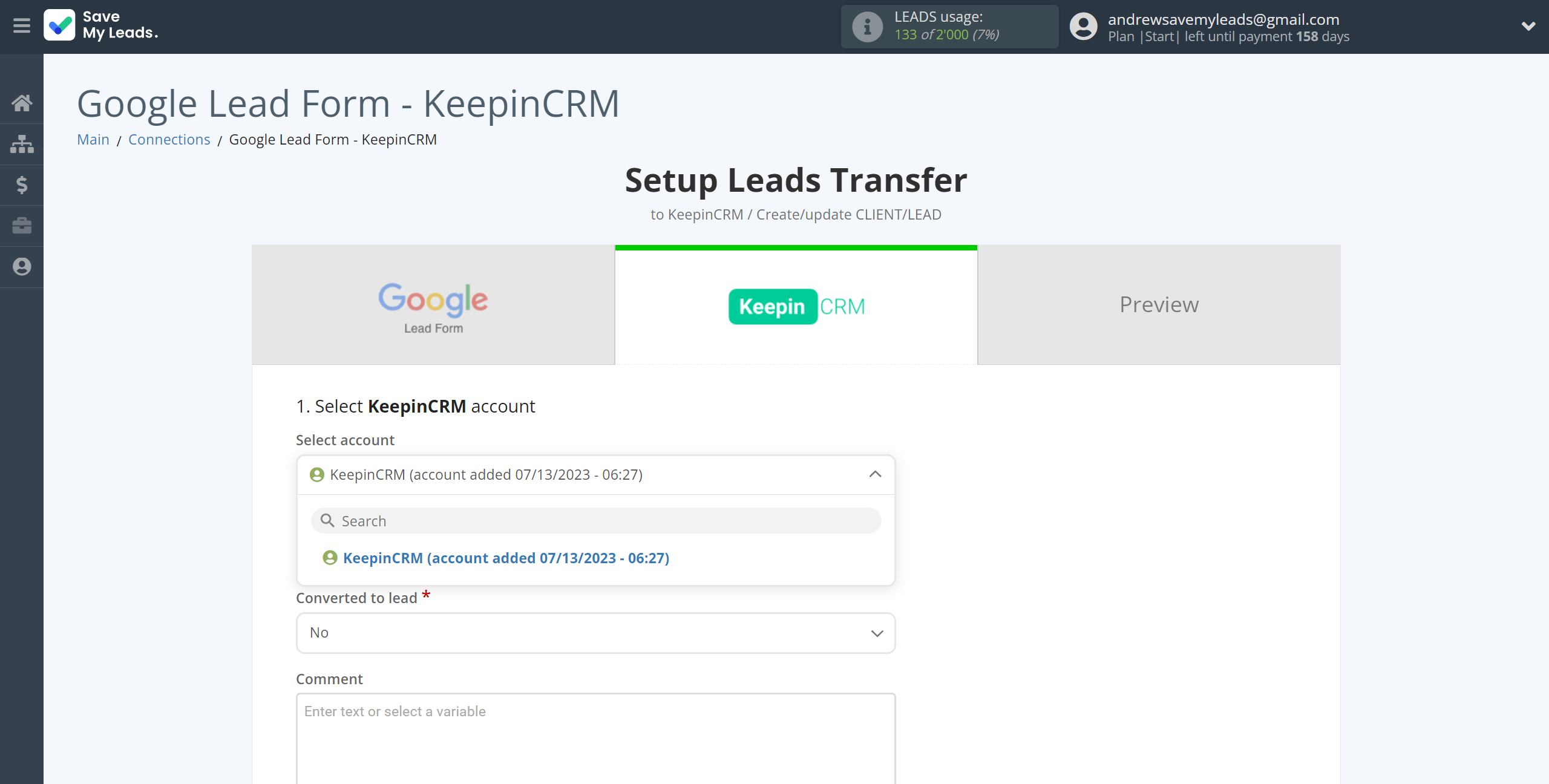 How to Connect Google Lead Form with KeepinCRM Create/update Client/Lead | Data Destination account selection