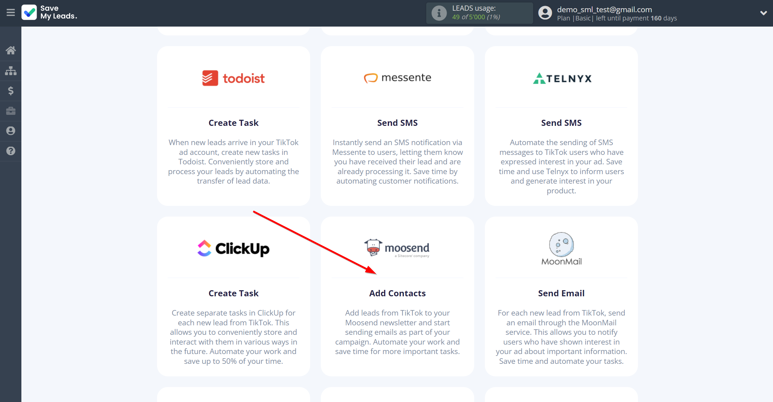 How to Connect TikTok with Moosend | Data Destination system selection