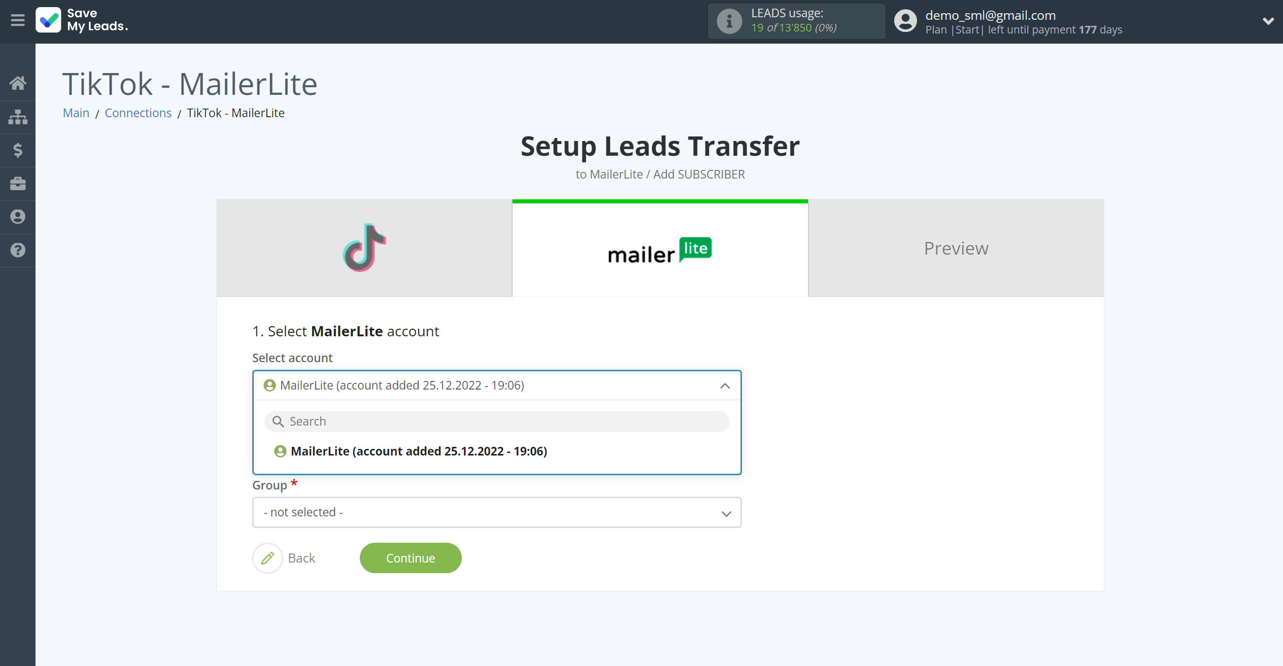 How to Connect TikTok with MailerLite | Data Destination account selection