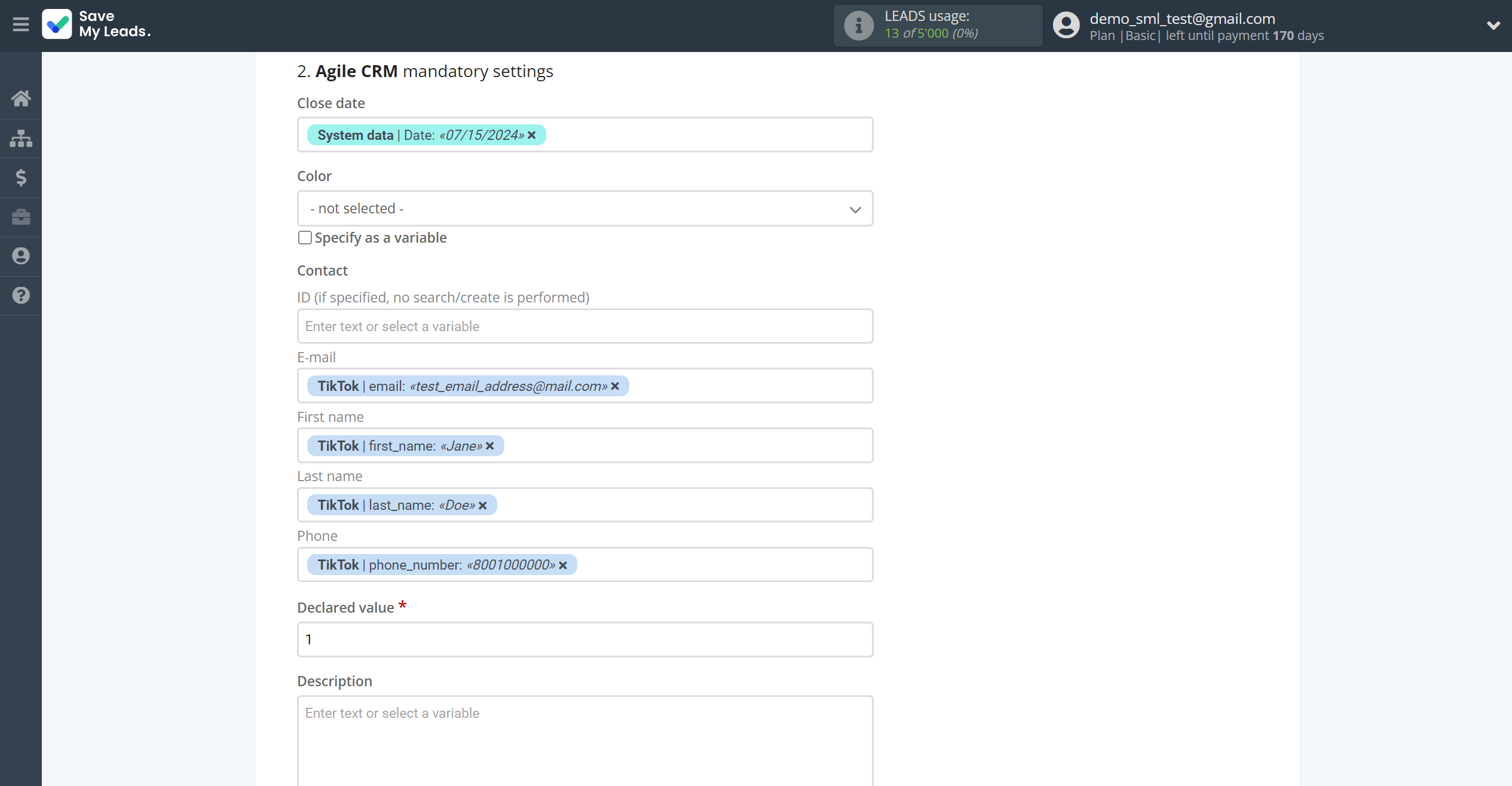 How to Connect TikTok with AgileCRM Create Deal | Assigning fields